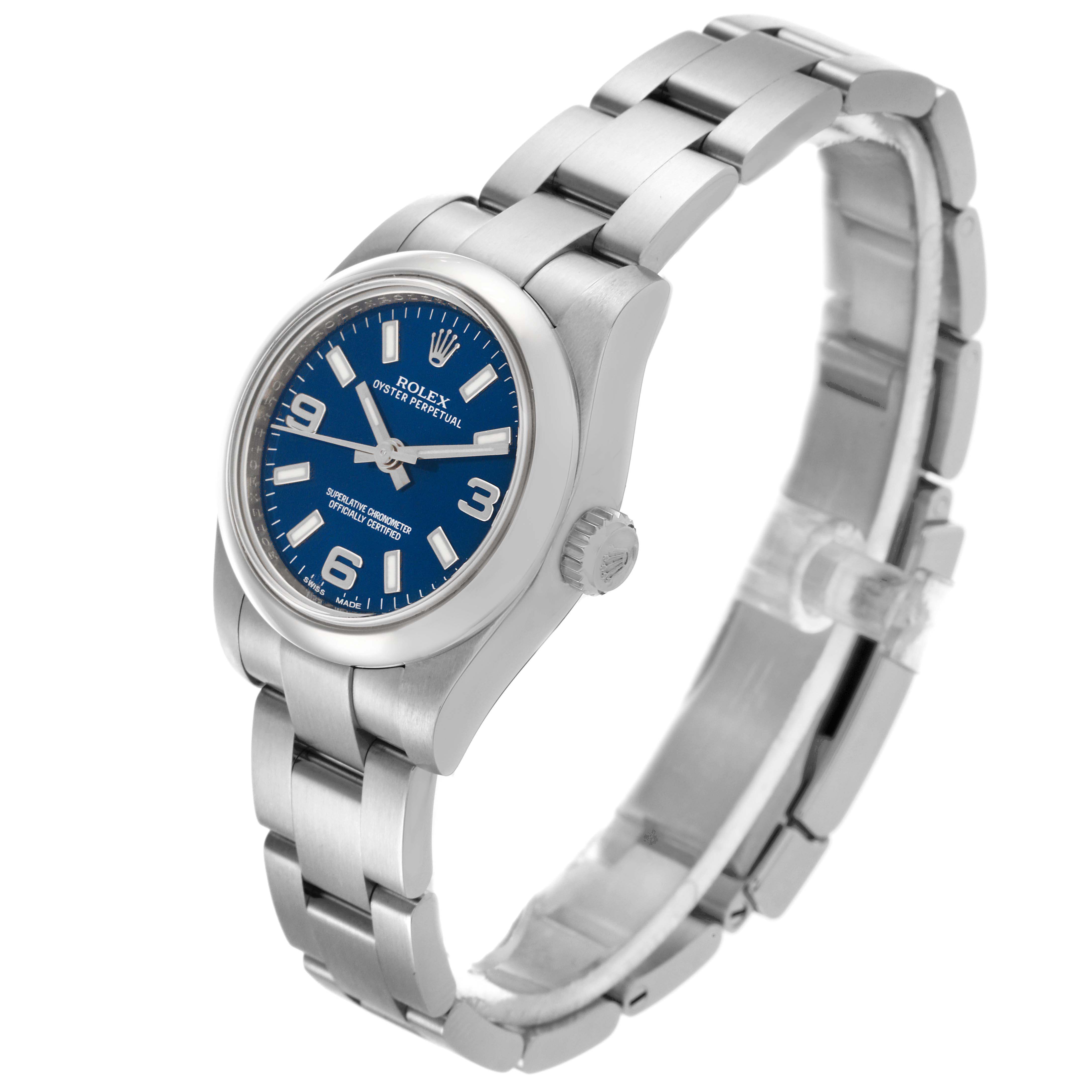 The Rolex Oyster Perpetual 176200 Women's Stainless Steel Blue Dial 176200 Women's Stainless Steel Blue Dial watch is shown at a three-quarter angle, displaying the blue dial, case, and stainless steel bracelet.