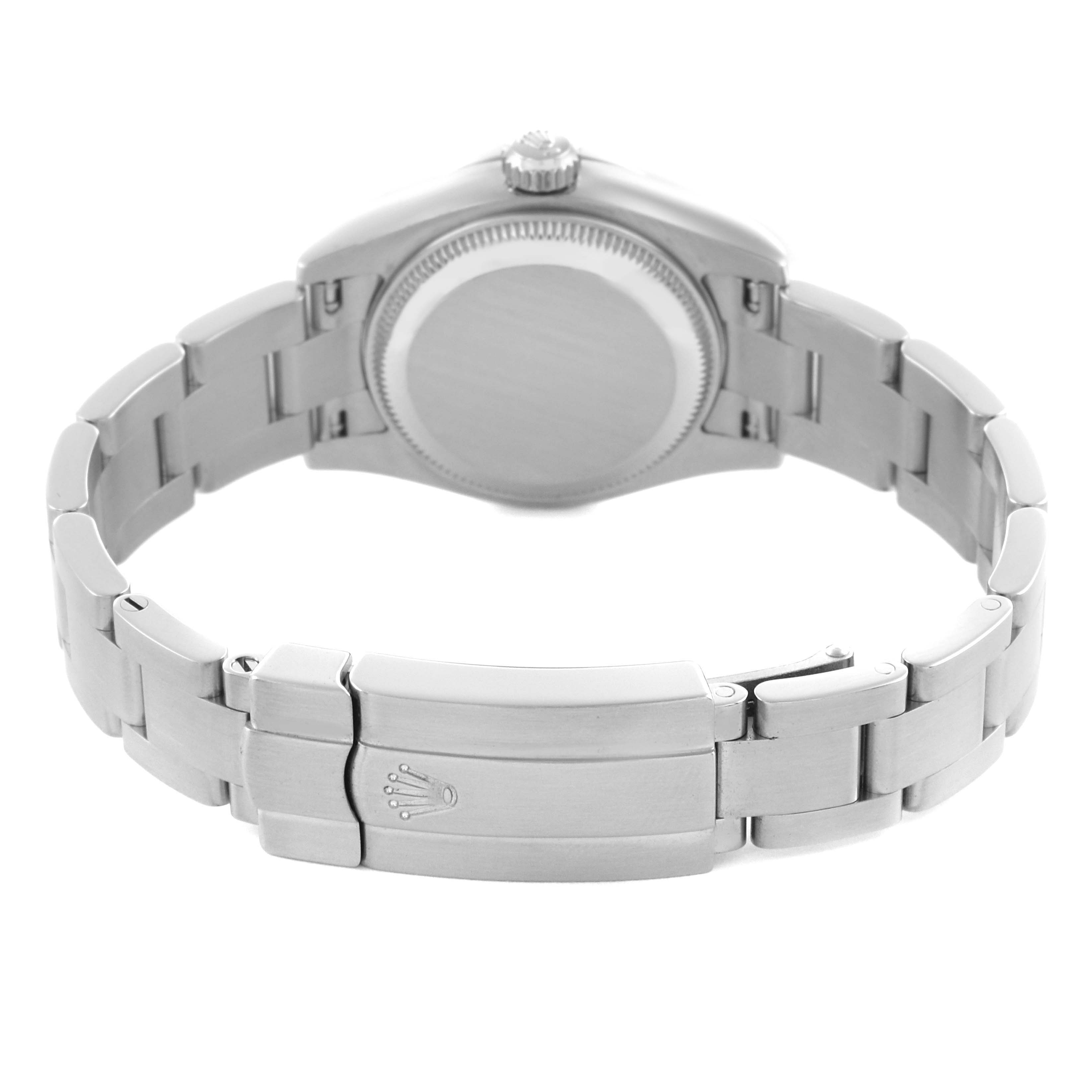 The image shows the back view of a Rolex Oyster Perpetual 176200 Women's Stainless Steel Blue Dial 176200 Women's Stainless Steel Blue Dial watch, highlighting the case back and metal bracelet with a clasp.