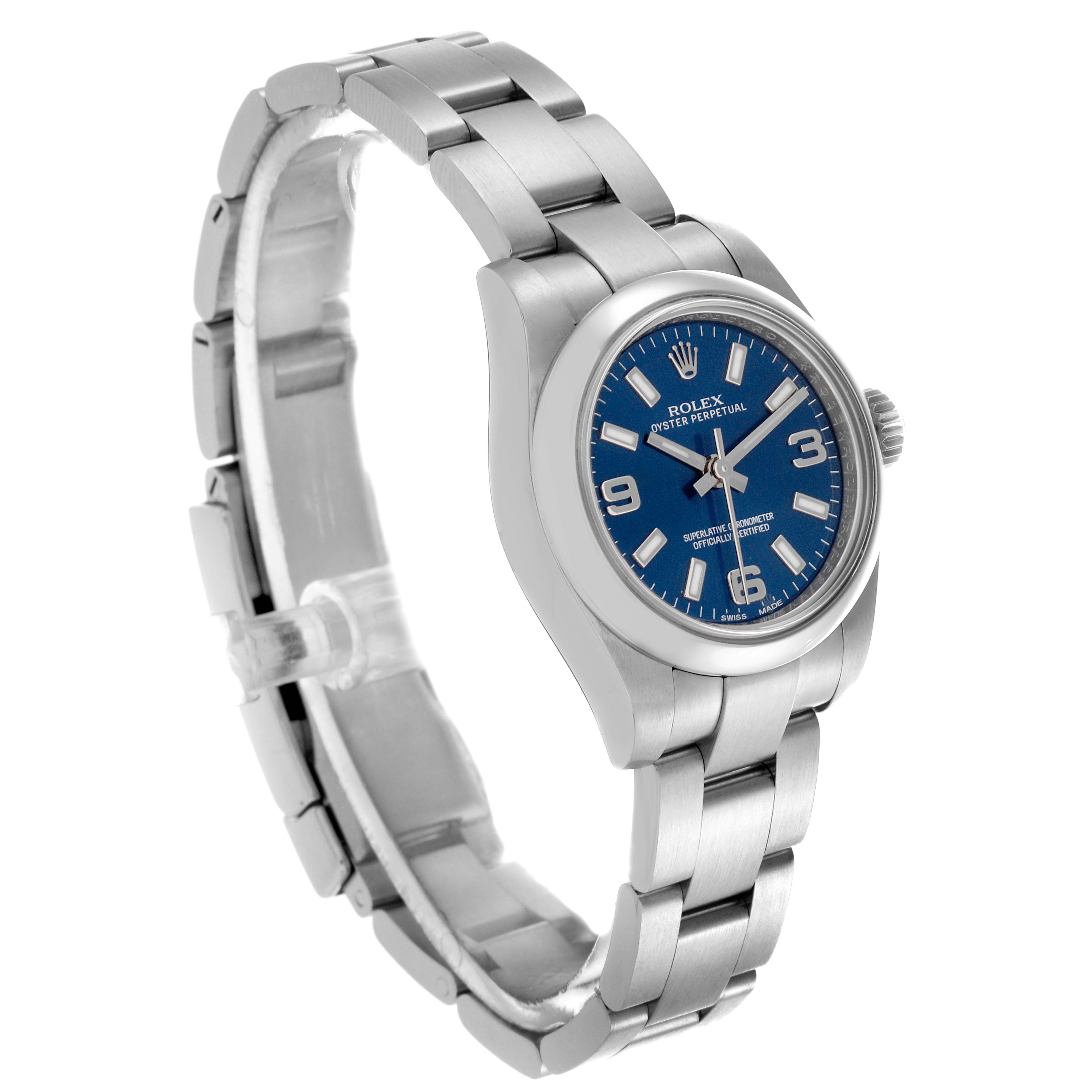 The Rolex Oyster Perpetual 176200 Women's Stainless Steel Blue Dial 176200 Women's Stainless Steel Blue Dial is shown at a three-quarter angle, displaying the bracelet, watch face, and side profile.