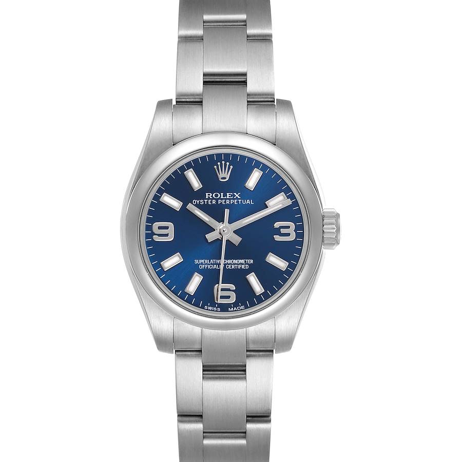 The Rolex Oyster Perpetual watch is shown from the front, displaying its blue dial and stainless steel bracelet.