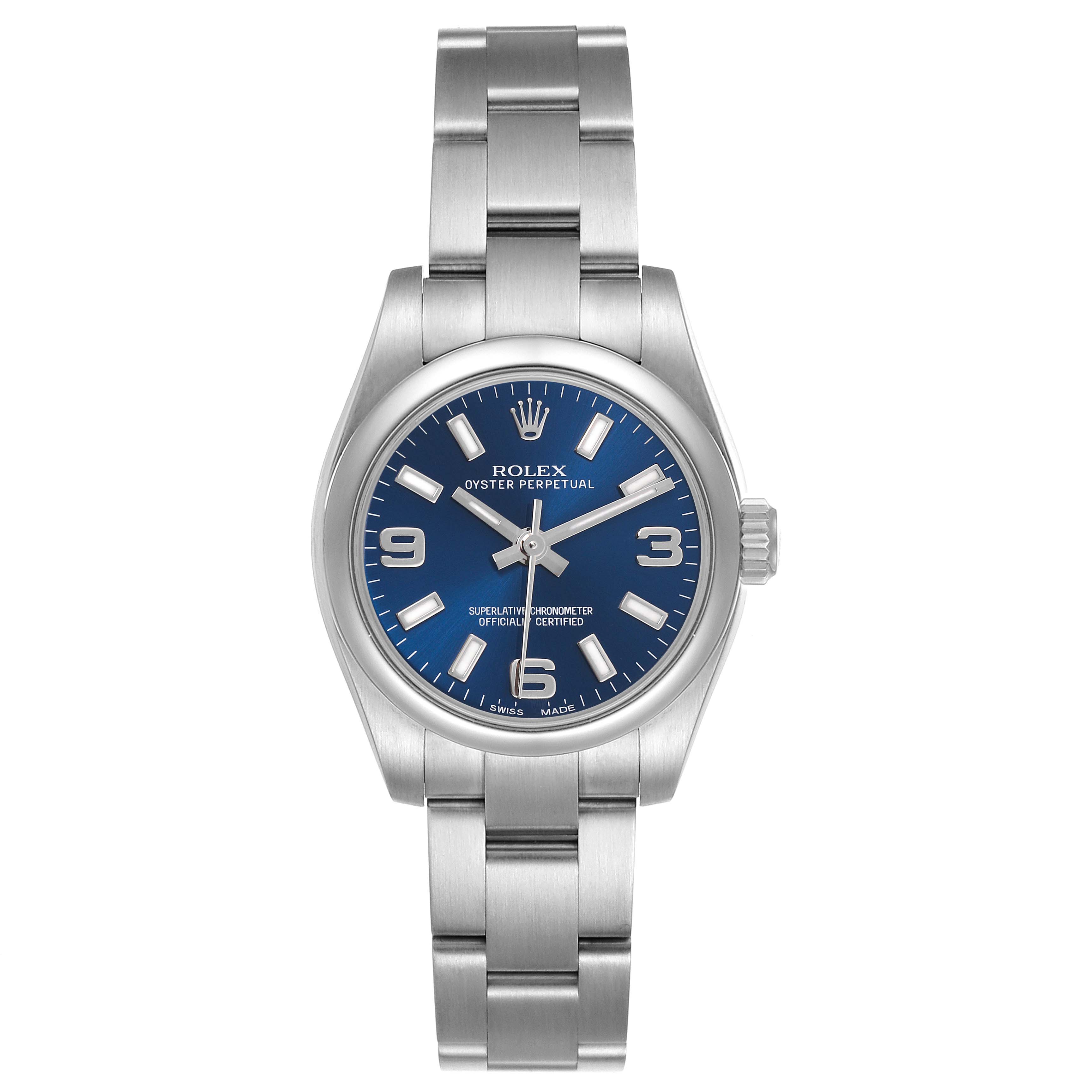 The Rolex Oyster Perpetual 176200 Women's Stainless Steel Blue Dial 176200 Women's Stainless Steel Blue Dial watch is shown from the front, featuring the bracelet, case, and blue dial with silver hour markers.