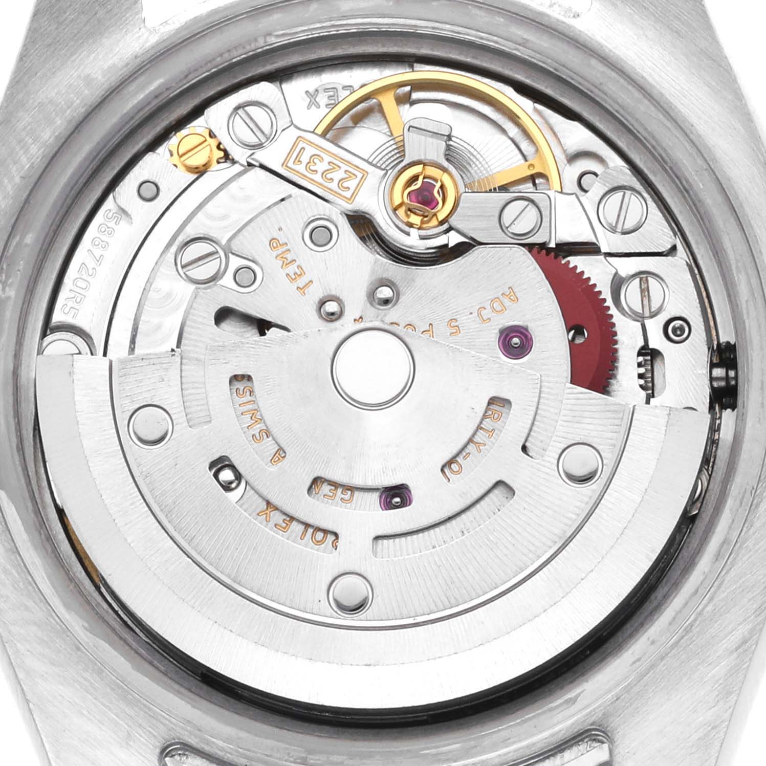 The image shows a close-up view of the Rolex Oyster Perpetual 176200 Women's Stainless Steel Blue Dial 176200 Women's Stainless Steel Blue Dial's movement, highlighting the rotor and intricate components.