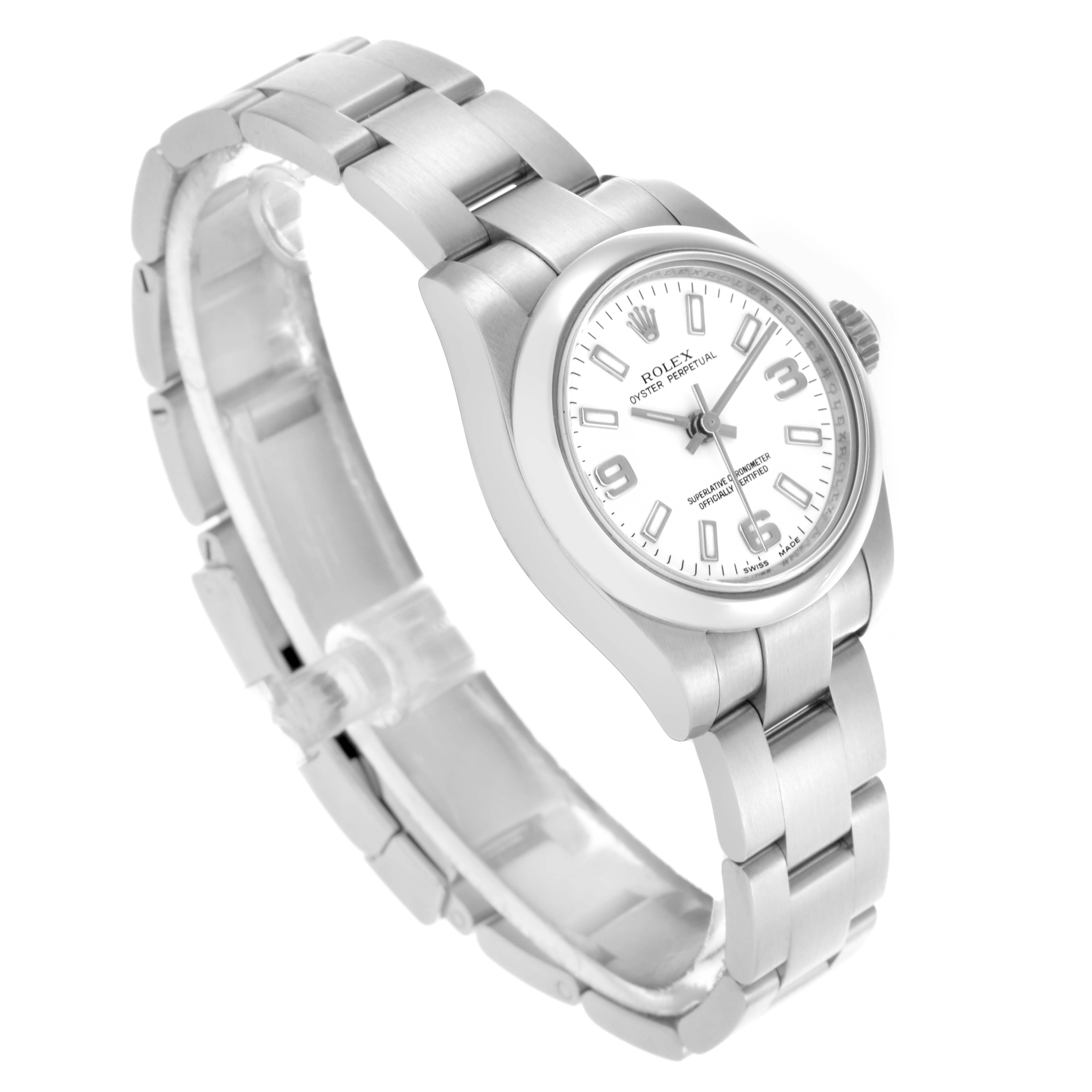 The image shows a Rolex Oyster Perpetual 176200 Women's Stainless Steel White Dial 176200 Women's Stainless Steel White Dial watch at an angled view, highlighting the bracelet, case, and dial.