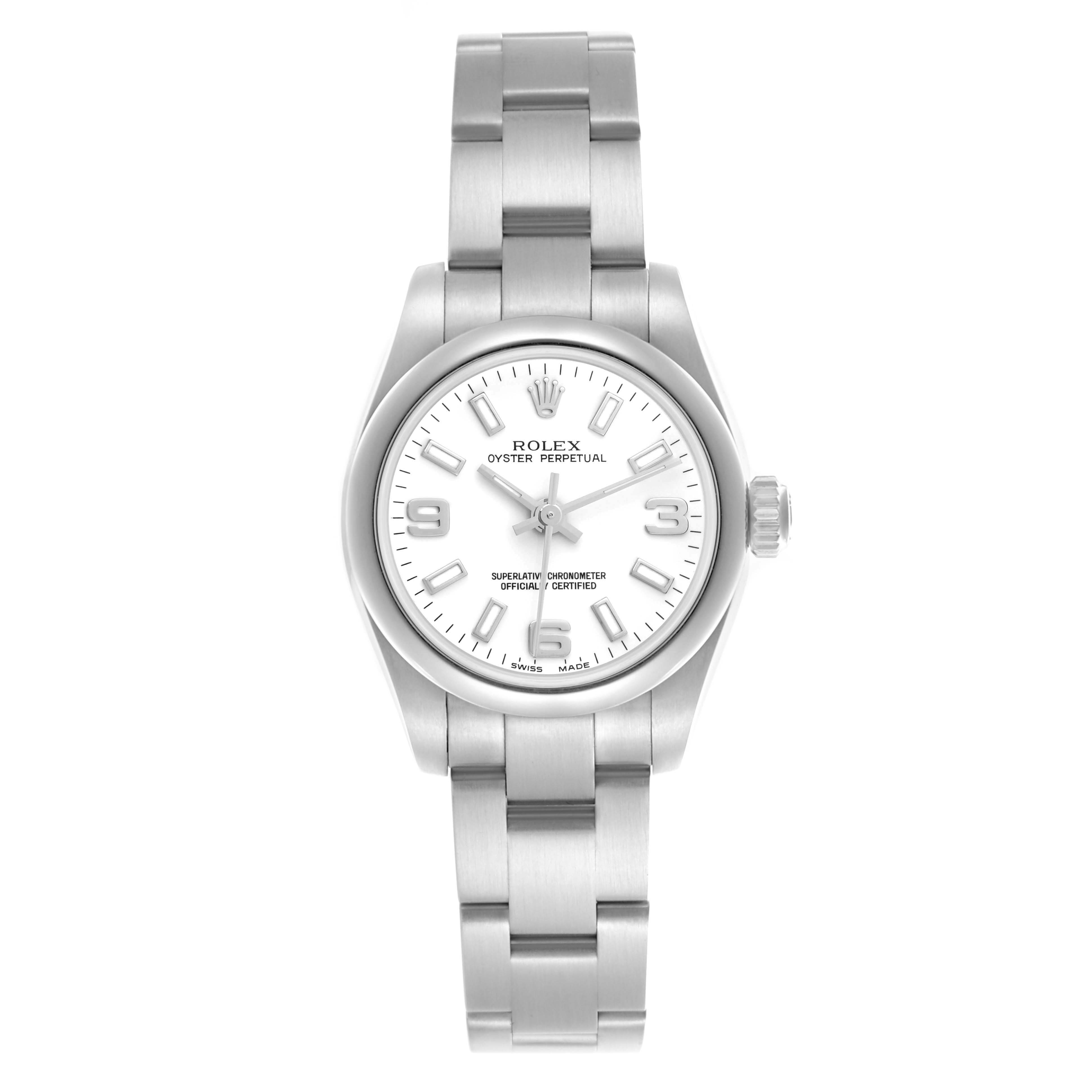 The Rolex Oyster Perpetual 176200 Women's Stainless Steel White Dial 176200 Women's Stainless Steel White Dial watch is shown from a front angle, displaying the dial, case, and bracelet.