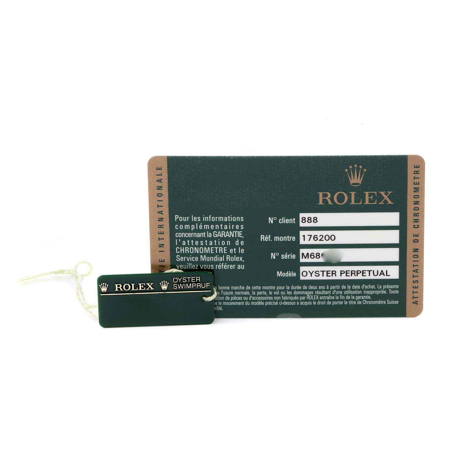 The image shows a Rolex Oyster Perpetual 176200 Women's Stainless Steel White Dial 176200 Women's Stainless Steel White Dial warranty card and tag laid flat.