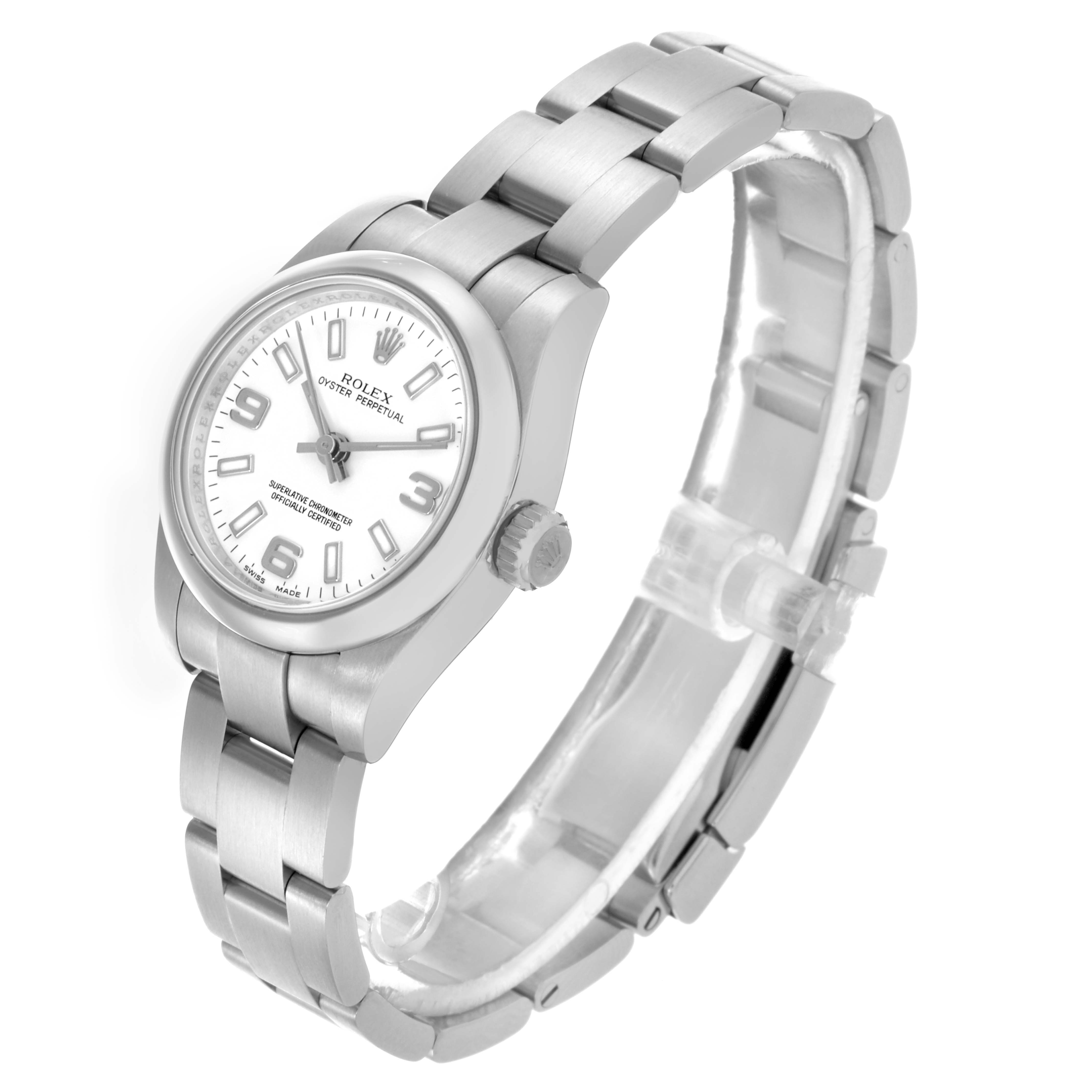 The Rolex Oyster Perpetual 176200 Women's Stainless Steel White Dial 176200 Women's Stainless Steel White Dial watch is shown at an angled side view, highlighting the face, bracelet, and crown.