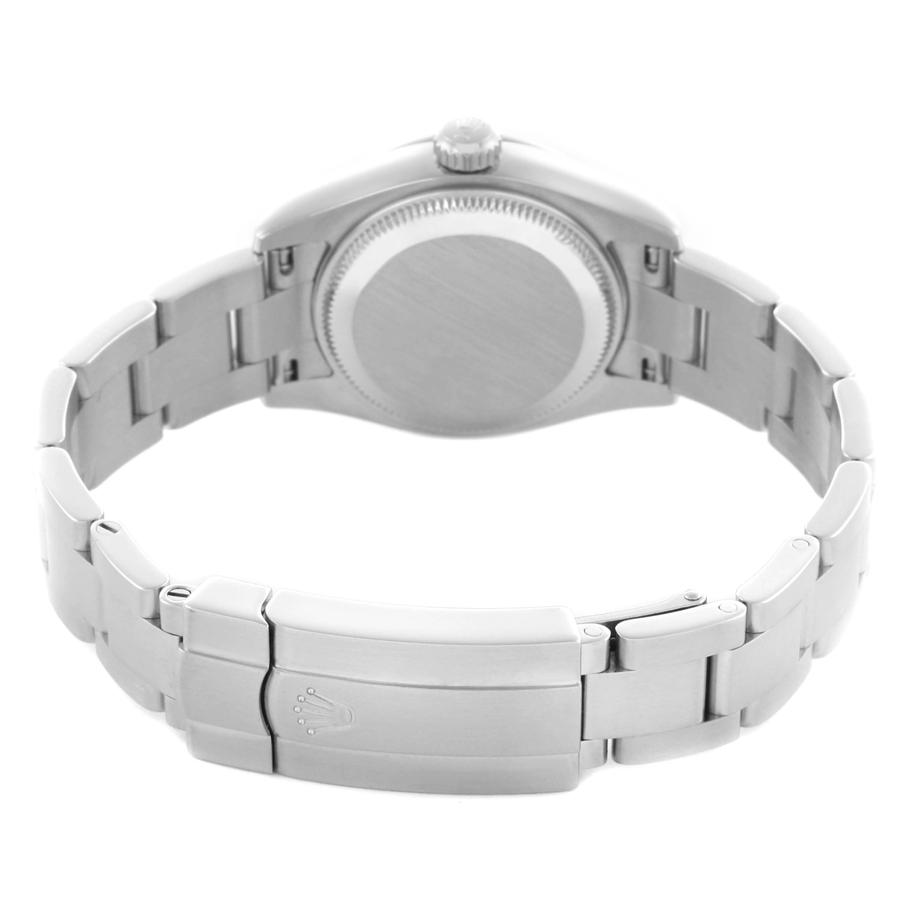 The image shows the back and bracelet of a Rolex Oyster Perpetual 176200 Women's Stainless Steel White Dial 176200 Women's Stainless Steel White Dial watch, highlighting the case back and clasp with the logo.