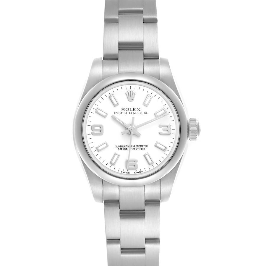 The image shows a frontal view of the Rolex Oyster Perpetual watch, highlighting the dial, bezel, and bracelet.