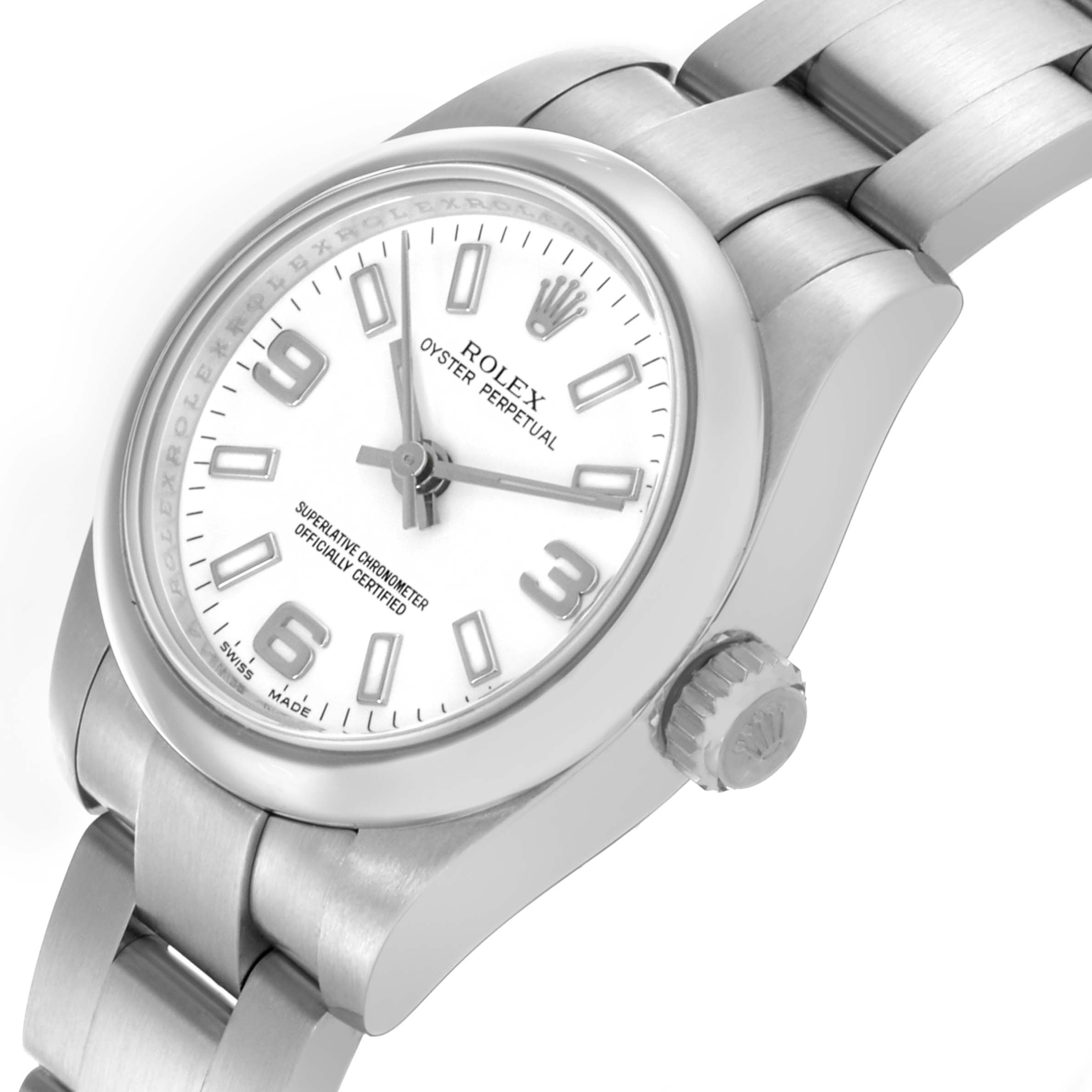The Rolex Oyster Perpetual 176200 Women's Stainless Steel White Dial 176200 Women's Stainless Steel White Dial watch is shown from an angled view highlighting the dial, crown, and part of the bracelet.