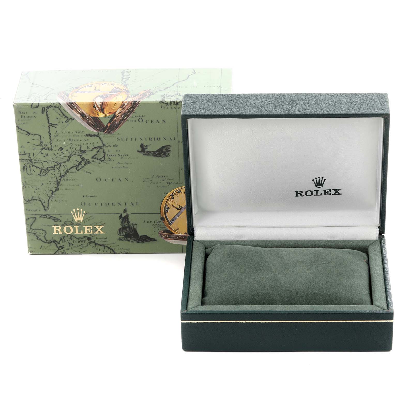 The image shows the open presentation box and outer box for a Rolex Oyster Perpetual 76080 Women's Stainless Steel Pink Dial 76080 Women's Stainless Steel Pink Dial watch.