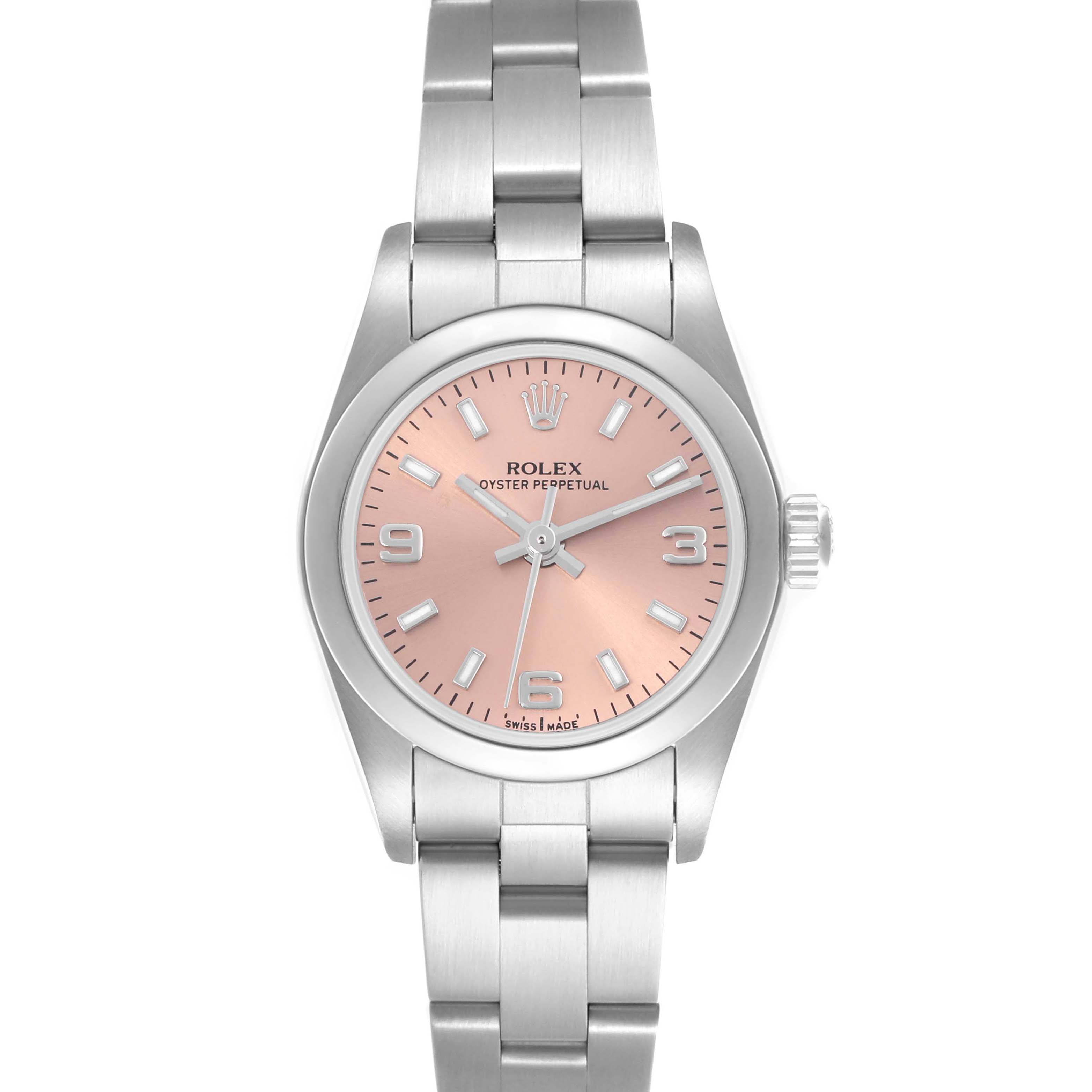 The Rolex Oyster Perpetual 76080 Women's Stainless Steel Pink Dial 76080 Women's Stainless Steel Pink Dial watch is shown from a top-down angle, highlighting the dial, case, and bracelet.