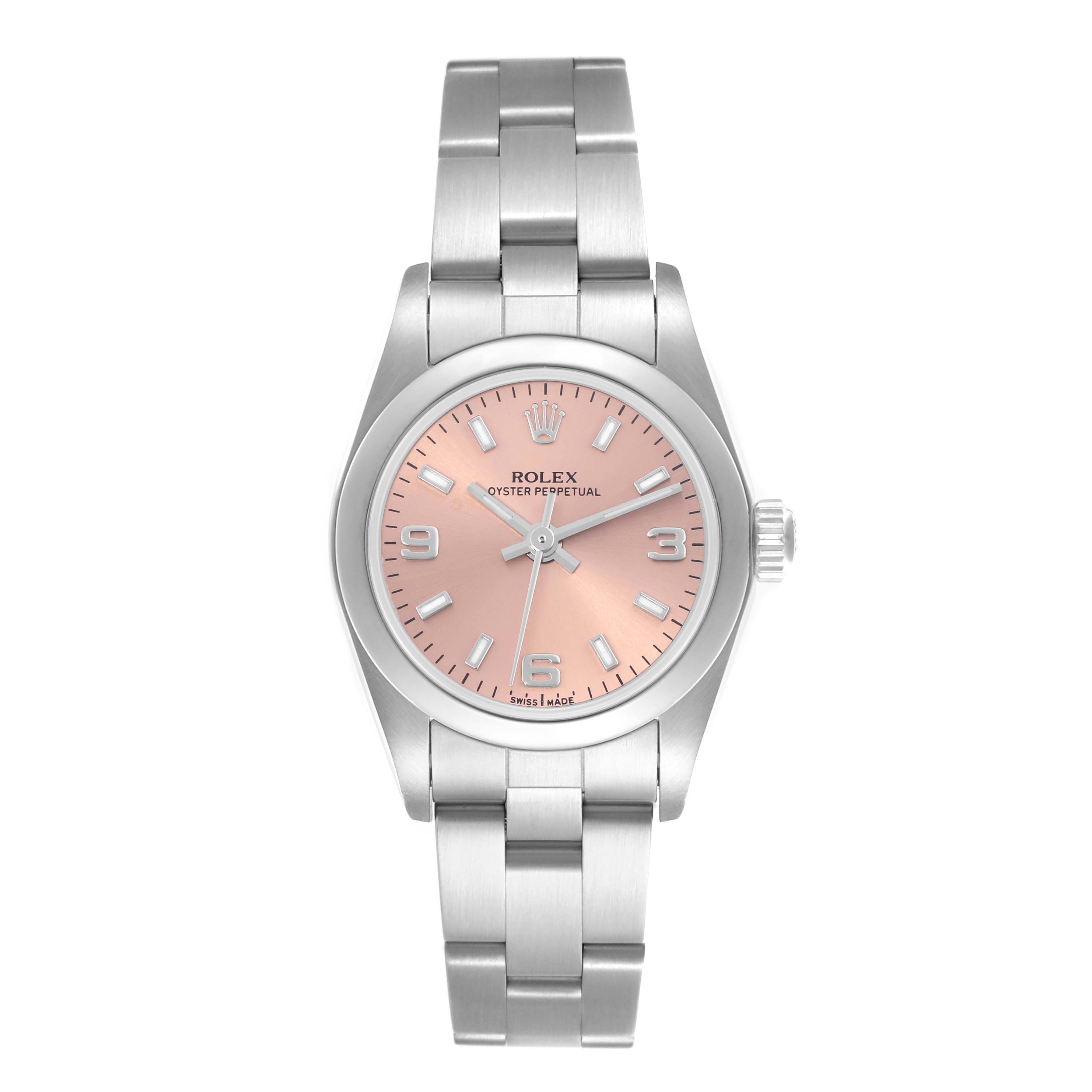 The Rolex Oyster Perpetual 76080 Women's Stainless Steel Pink Dial 76080 Women's Stainless Steel Pink Dial watch is shown from a top-down angle, displaying the face, bezel, and bracelet.