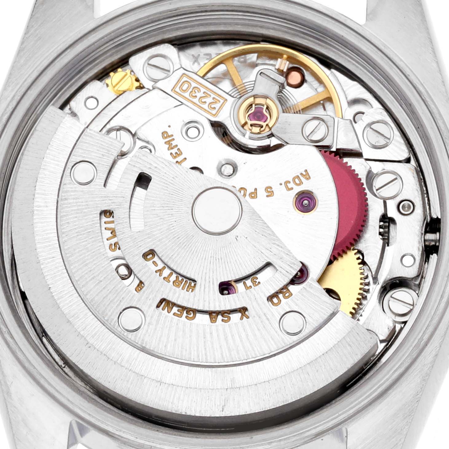 The image shows the movement of a Rolex Oyster Perpetual 76080 Women's Stainless Steel Pink Dial 76080 Women's Stainless Steel Pink Dial watch from the back, highlighting the rotor and inner mechanics.