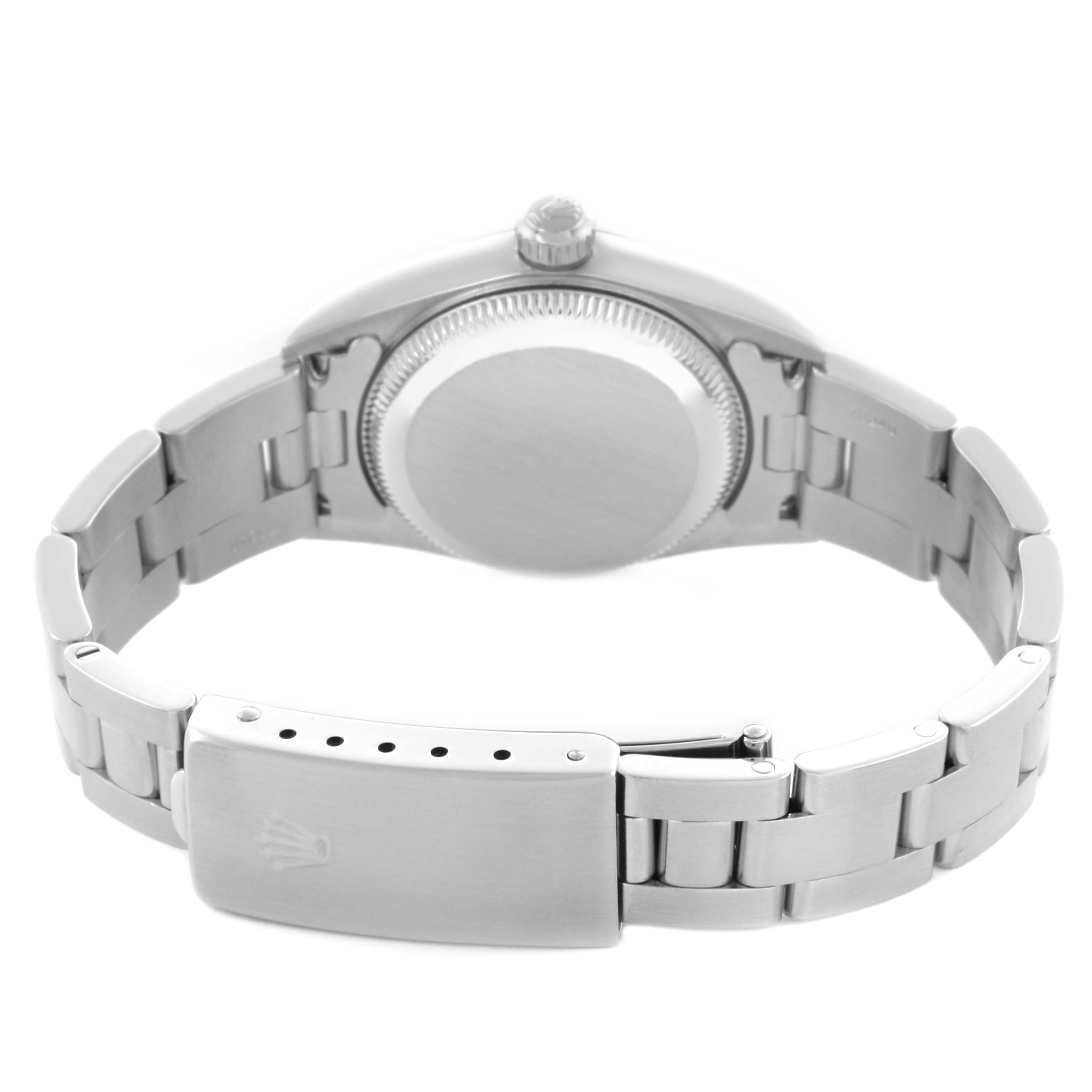 The image shows the Rolex Oyster Perpetual 76080 Women's Stainless Steel Pink Dial 76080 Women's Stainless Steel Pink Dial watch from the back, highlighting the case back, bracelet, and clasp.