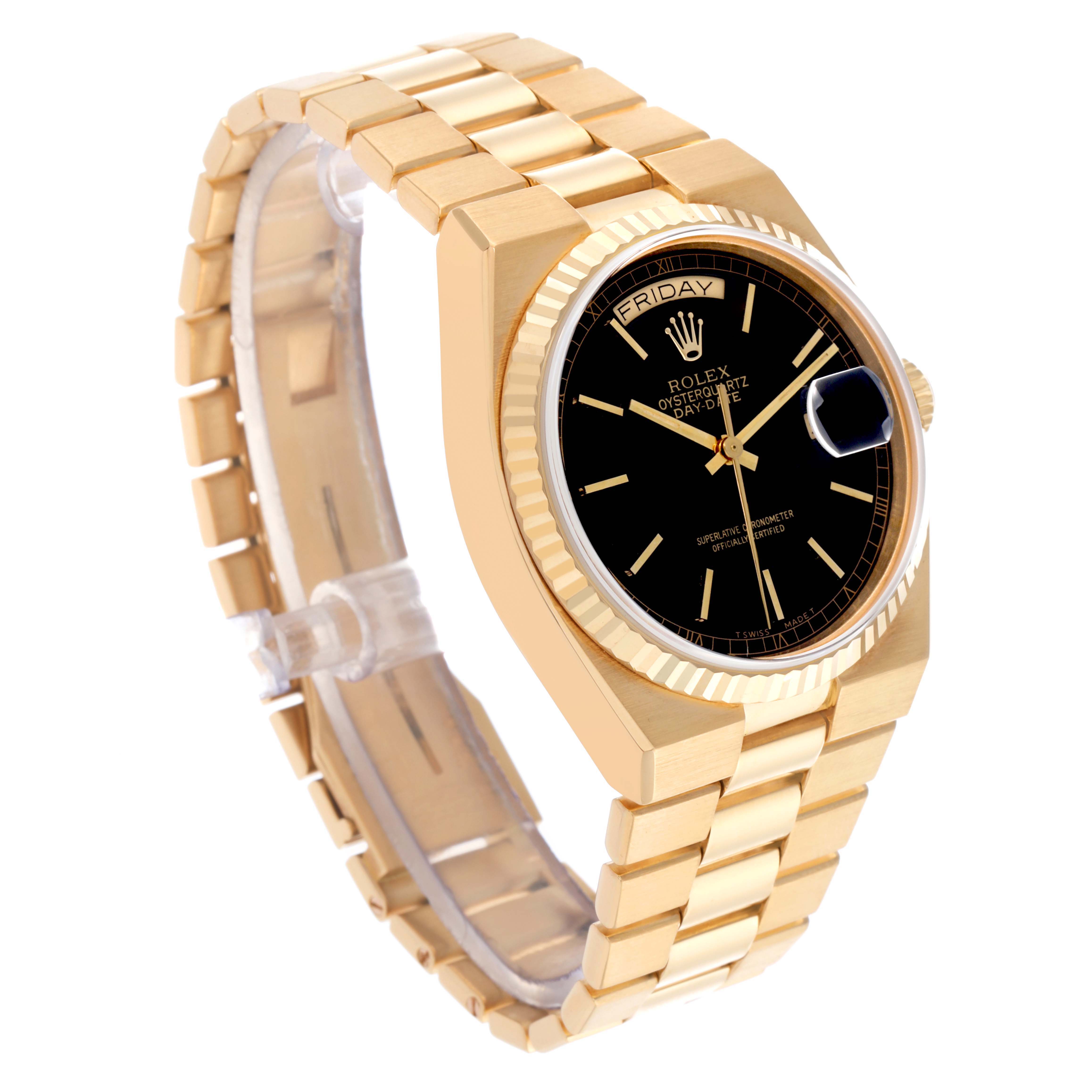 The Rolex Oysterquartz watch is shown at a three-quarter angle, displaying the dial, bezel, case, and bracelet.