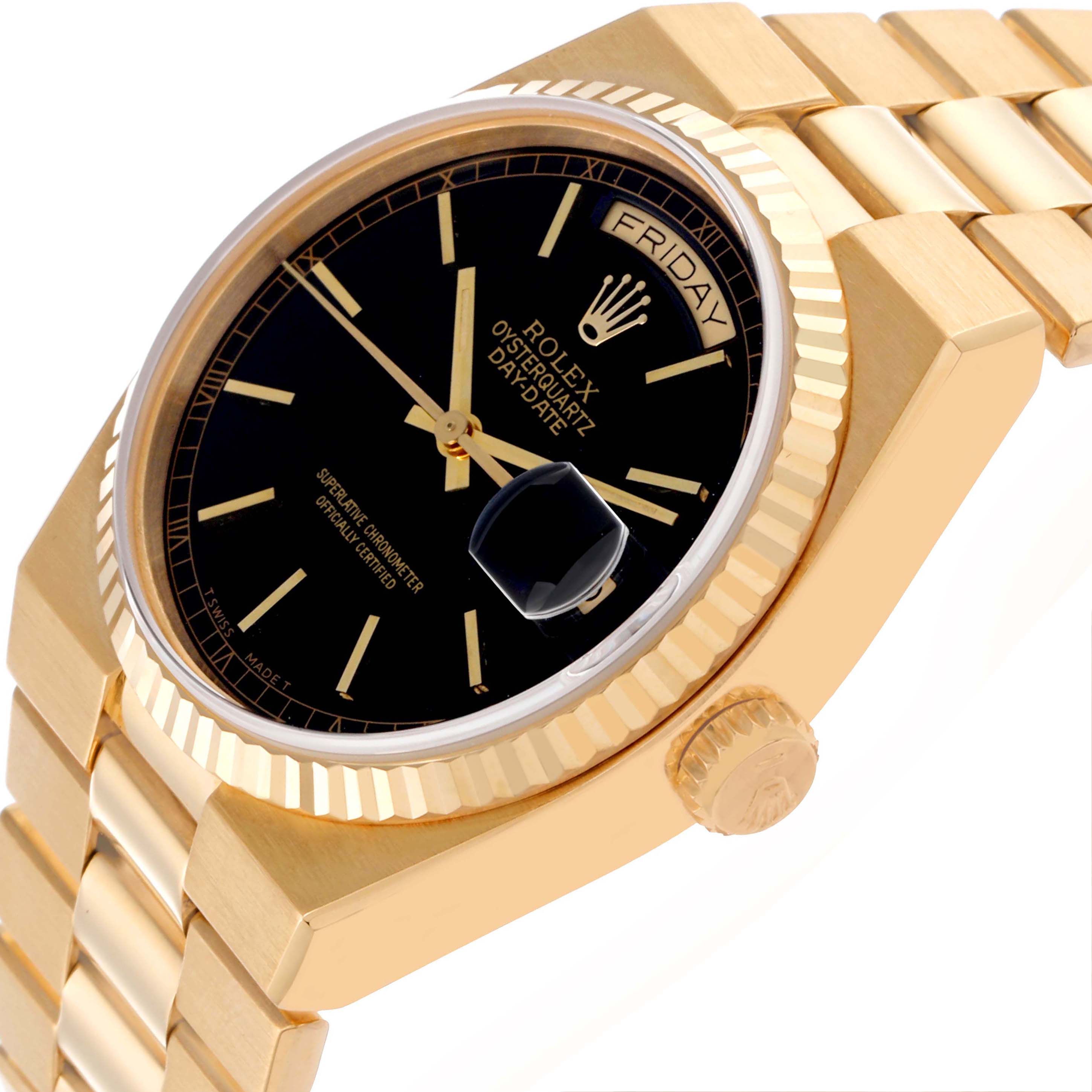 The image shows a side angle of the Rolex Oysterquartz watch, highlighting the gold bracelet, crown, and black dial with a date display.