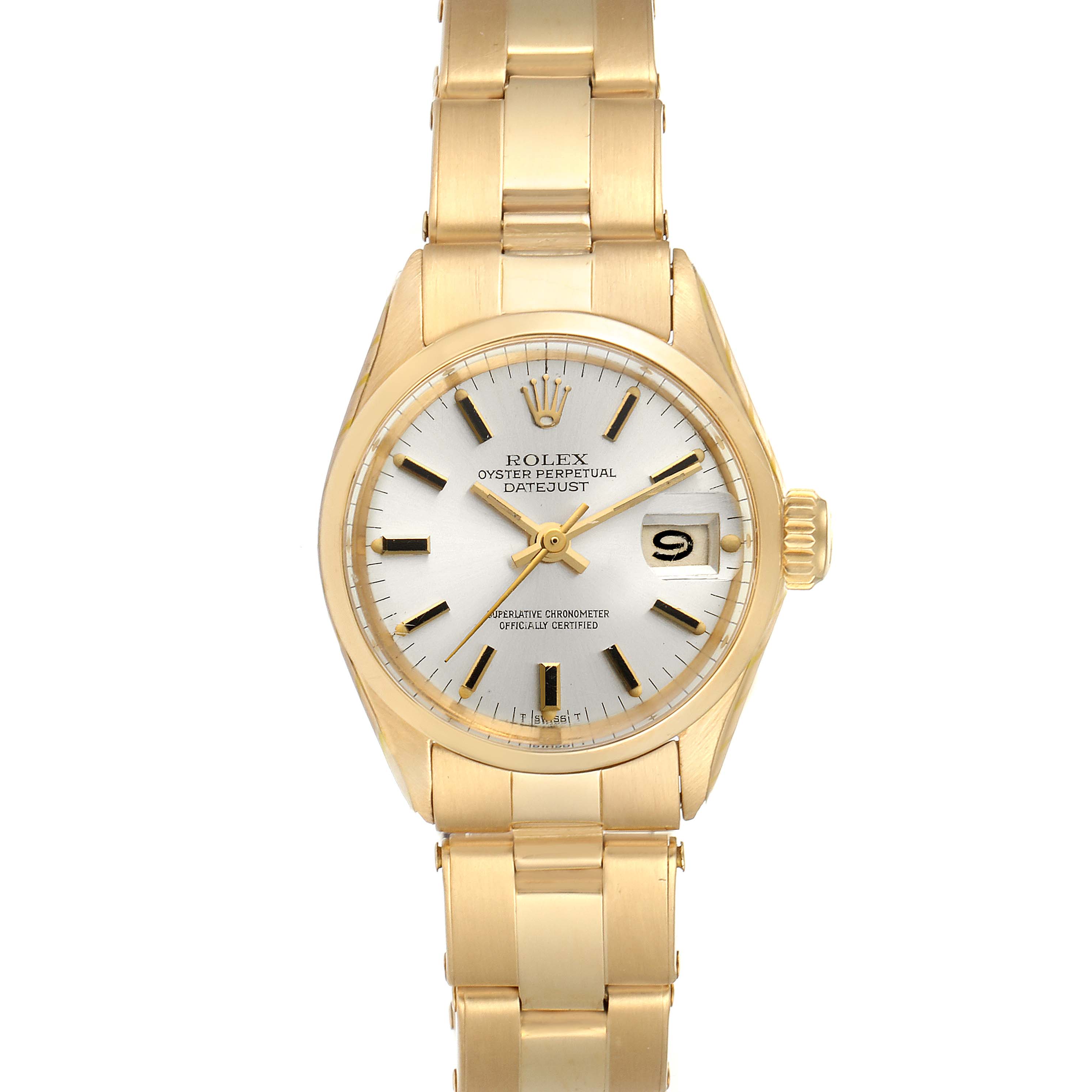 The Rolex President 6517 Women's Yellow Gold Silver Dial 6517 Women's Yellow Gold Silver Dial model watch is shown from a top-down angle, highlighting the face, band, and crown.