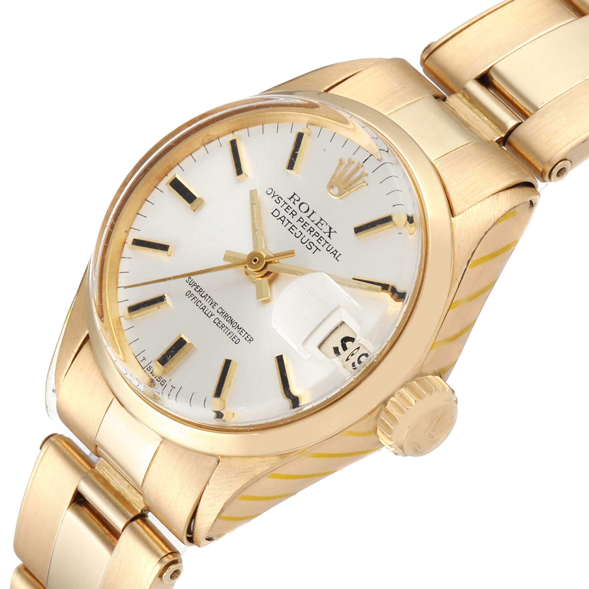 The image shows a Rolex President 6517 Women's Yellow Gold Silver Dial 6517 Women's Yellow Gold Silver Dial model watch at a slight angle, highlighting the dial, bezel, crown, and part of the bracelet.
