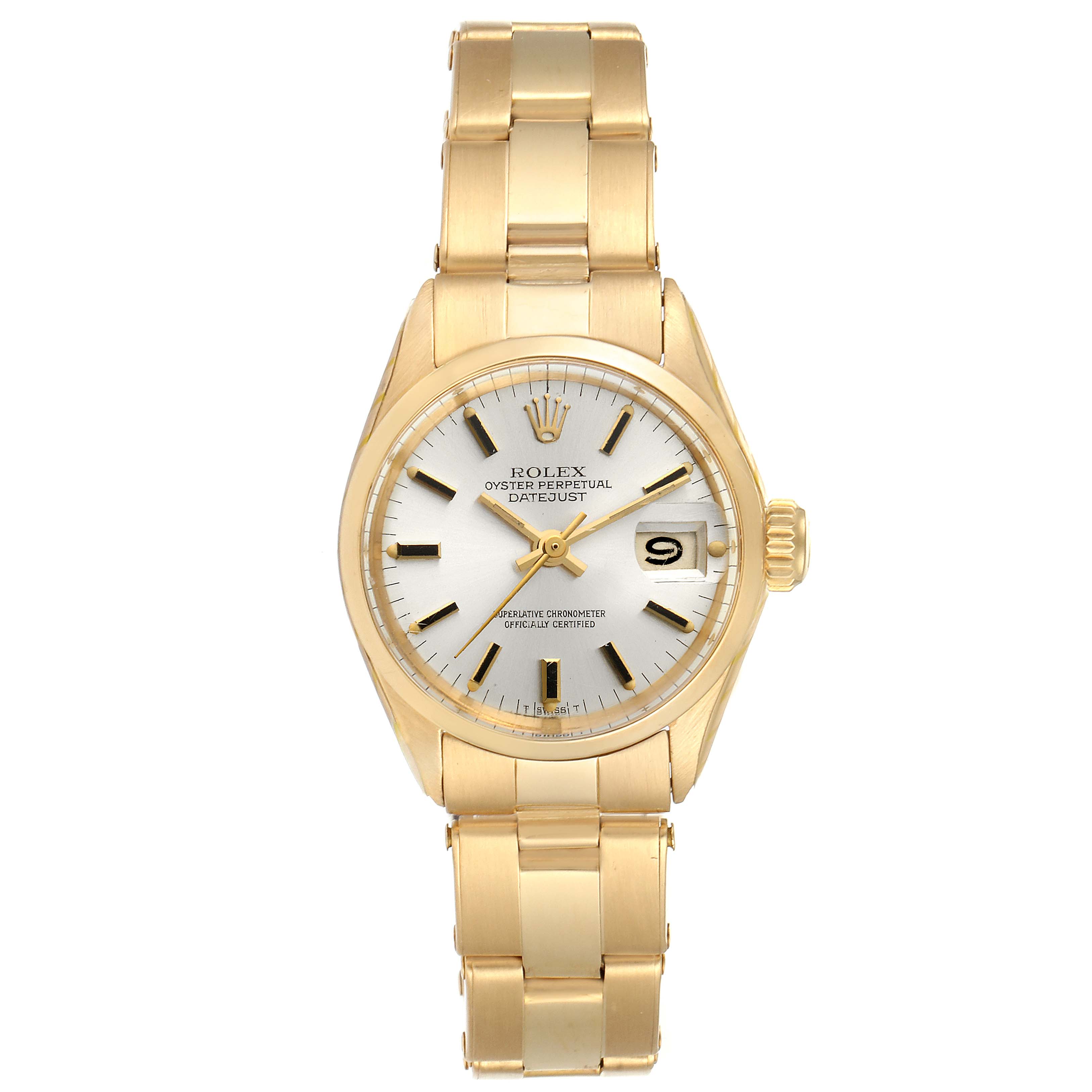 The image shows a front view of a Rolex President 6517 Women's Yellow Gold Silver Dial 6517 Women's Yellow Gold Silver Dial model watch, detailing the watch face, bezel, and bracelet.