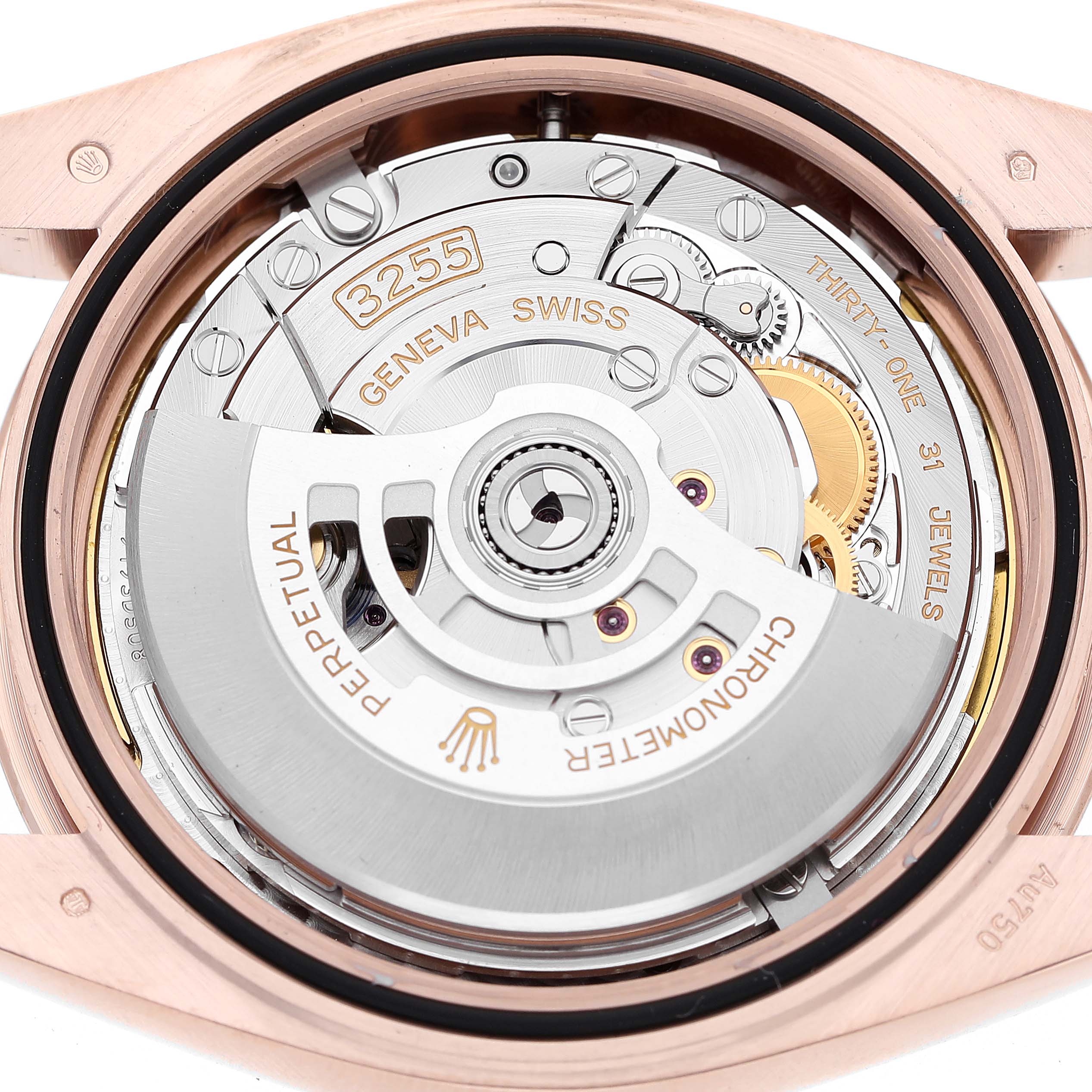 The image shows the movement mechanism of a Rolex President 228235 Men's Rose Gold Mother of Pearl Dial model, highlighting the caliber 3255 from a top view.