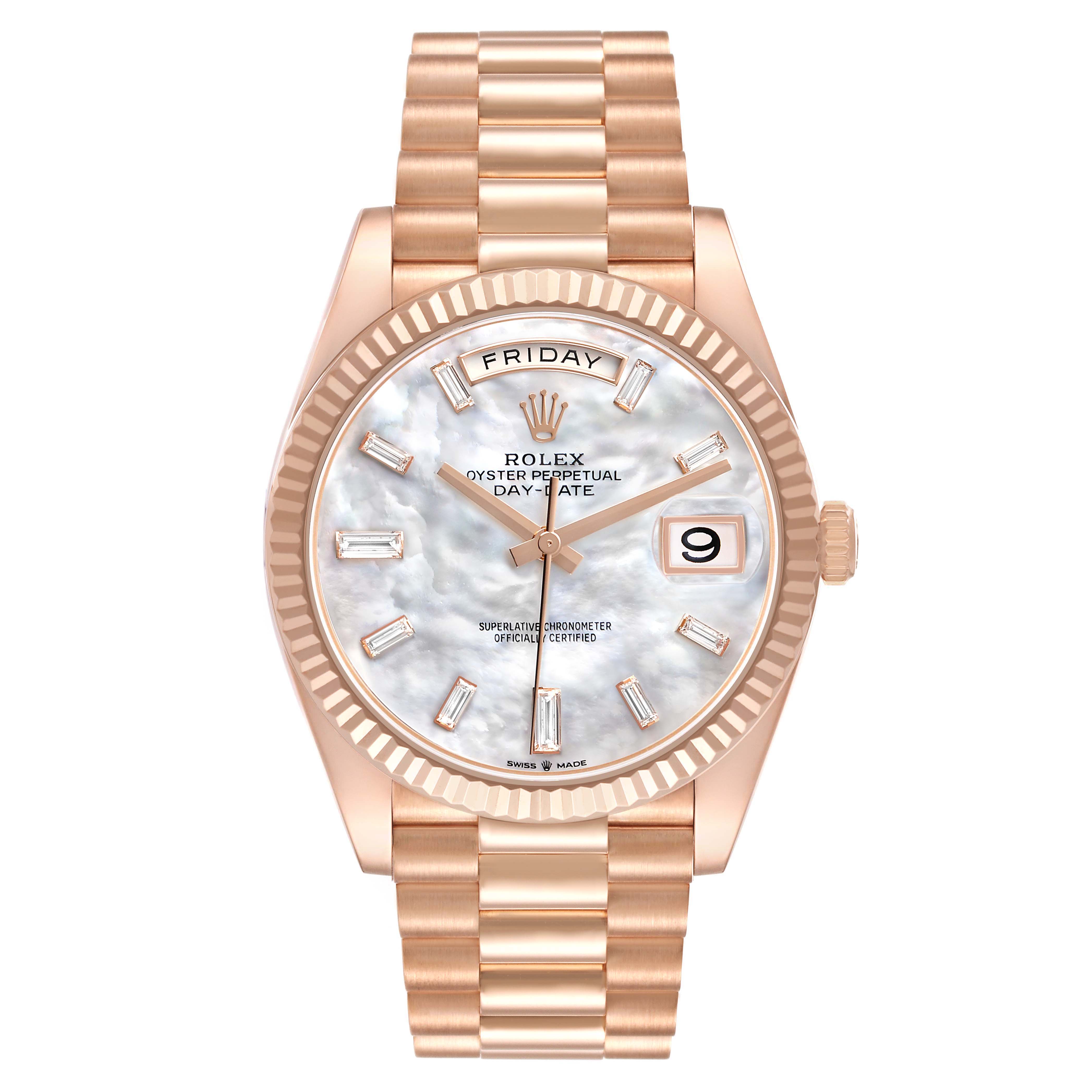 The Rolex President 228235 Men's Rose Gold Mother of Pearl Dial model watch is shown from the front, highlighting the face, bezel, bracelet, and crown.