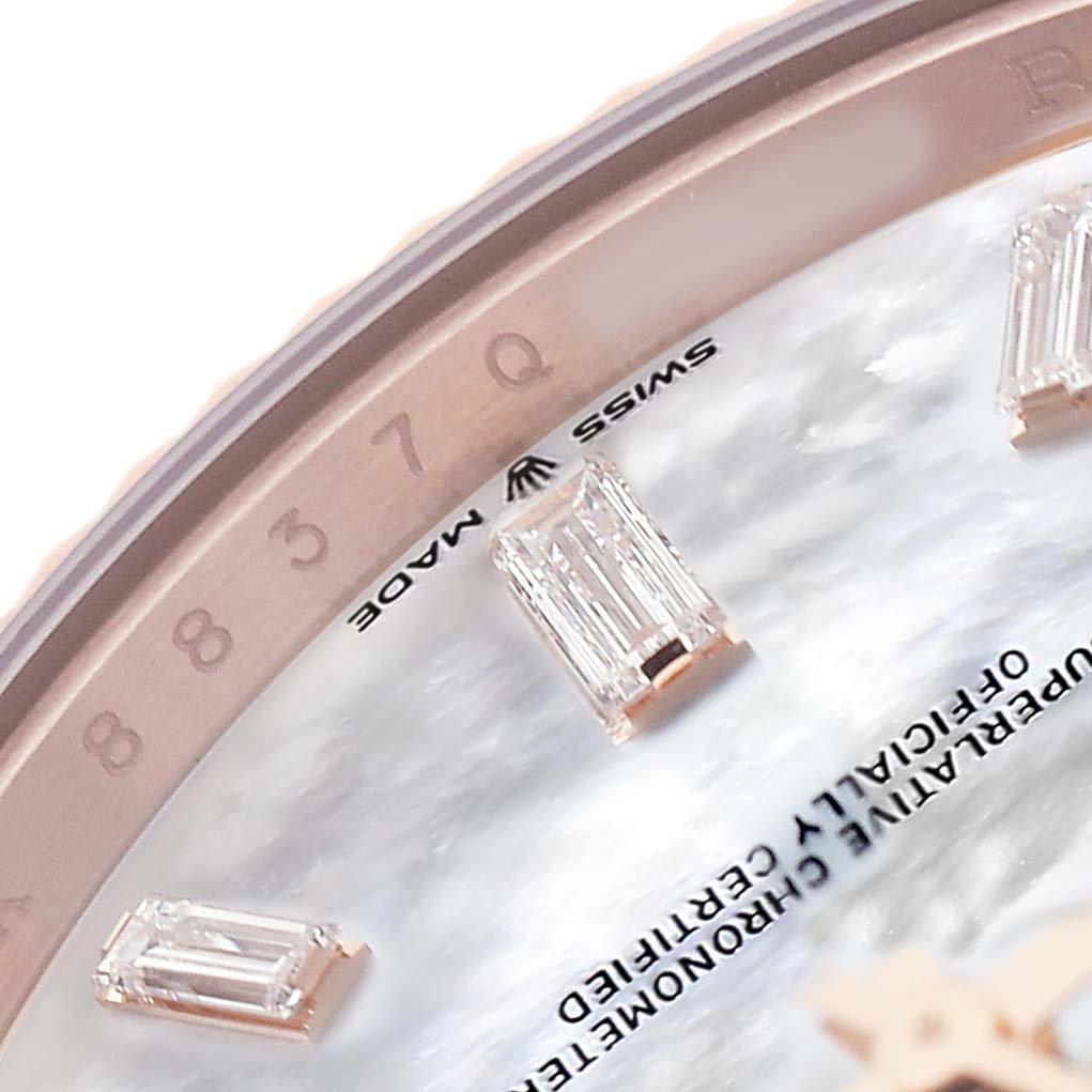 The image shows a close-up of the Rolex President 228235 Men's Rose Gold Mother of Pearl Dial watch face, highlighting diamond hour markers and "Swiss Made" text.
