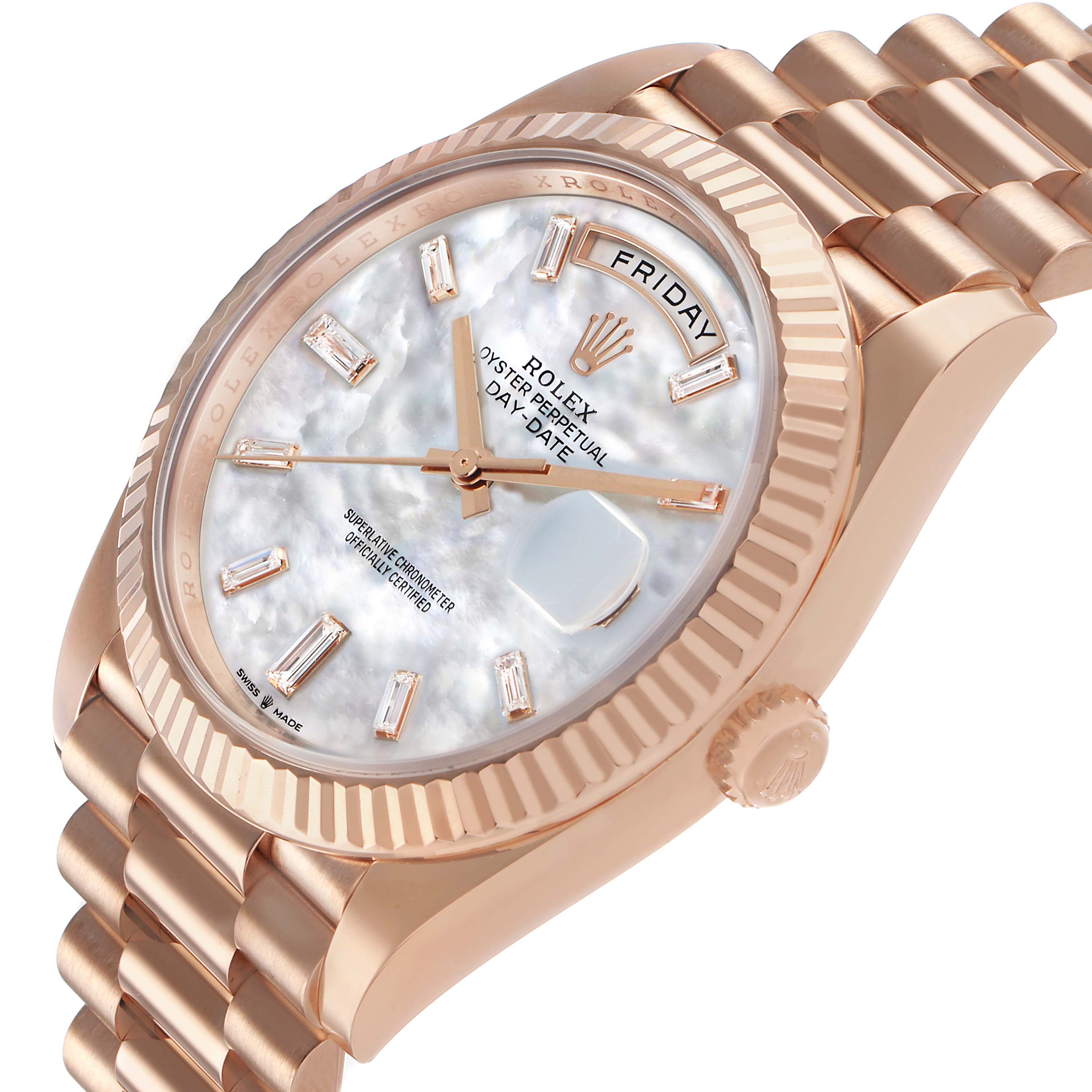 The Rolex President 228235 Men's Rose Gold Mother of Pearl Dial model watch is shown at a three-quarter angle, displaying the face, bezel, and part of the bracelet.