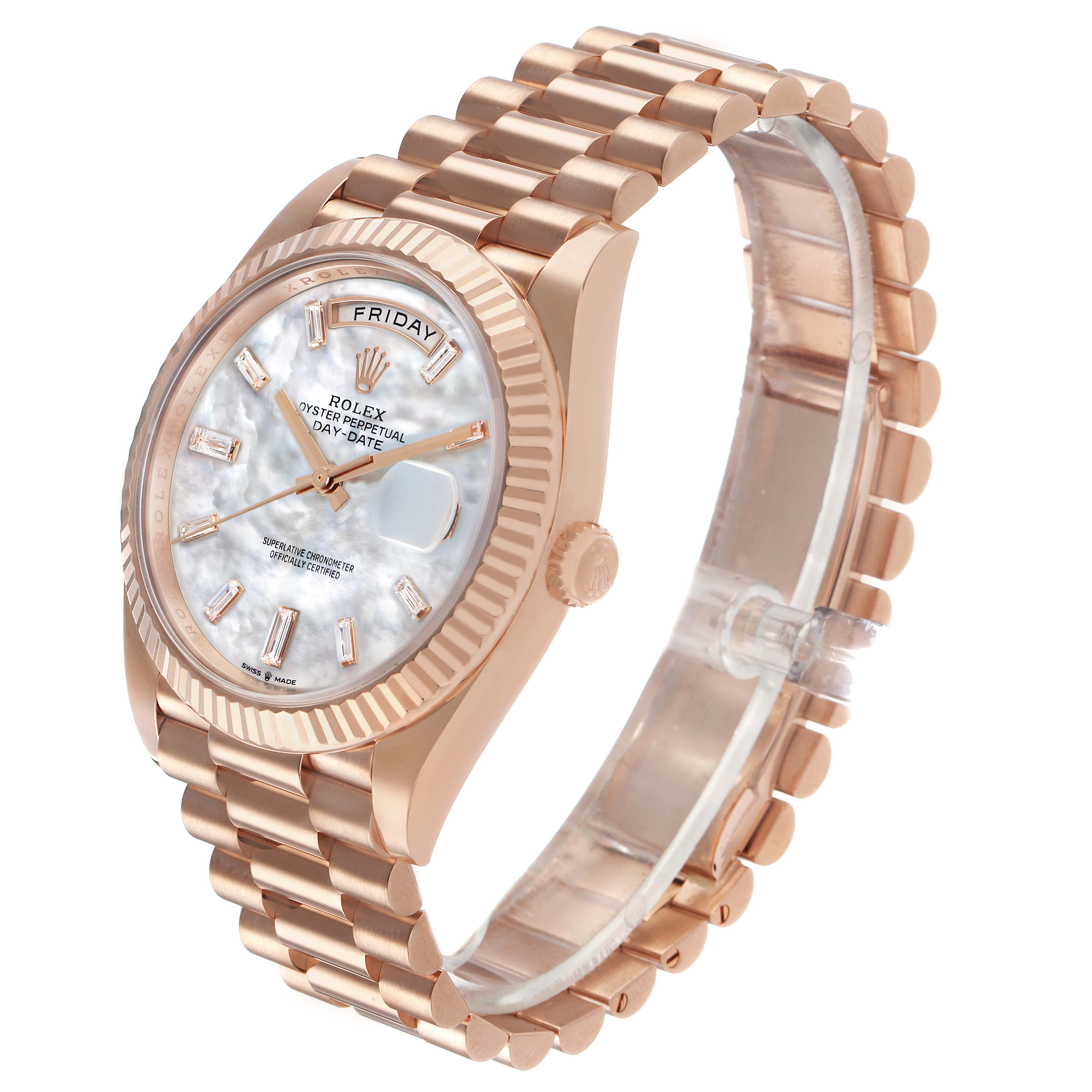The Rolex President 228235 Men's Rose Gold Mother of Pearl Dial model is shown at a three-quarter angle, displaying its face, bezel, crown, and bracelet.