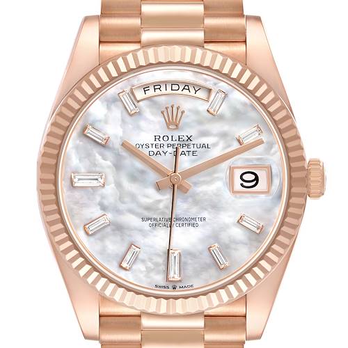The image shows a frontal view of the Rolex President 228235 Men's Rose Gold Mother of Pearl Dial watch, highlighting its dial, bezel, and bracelet.