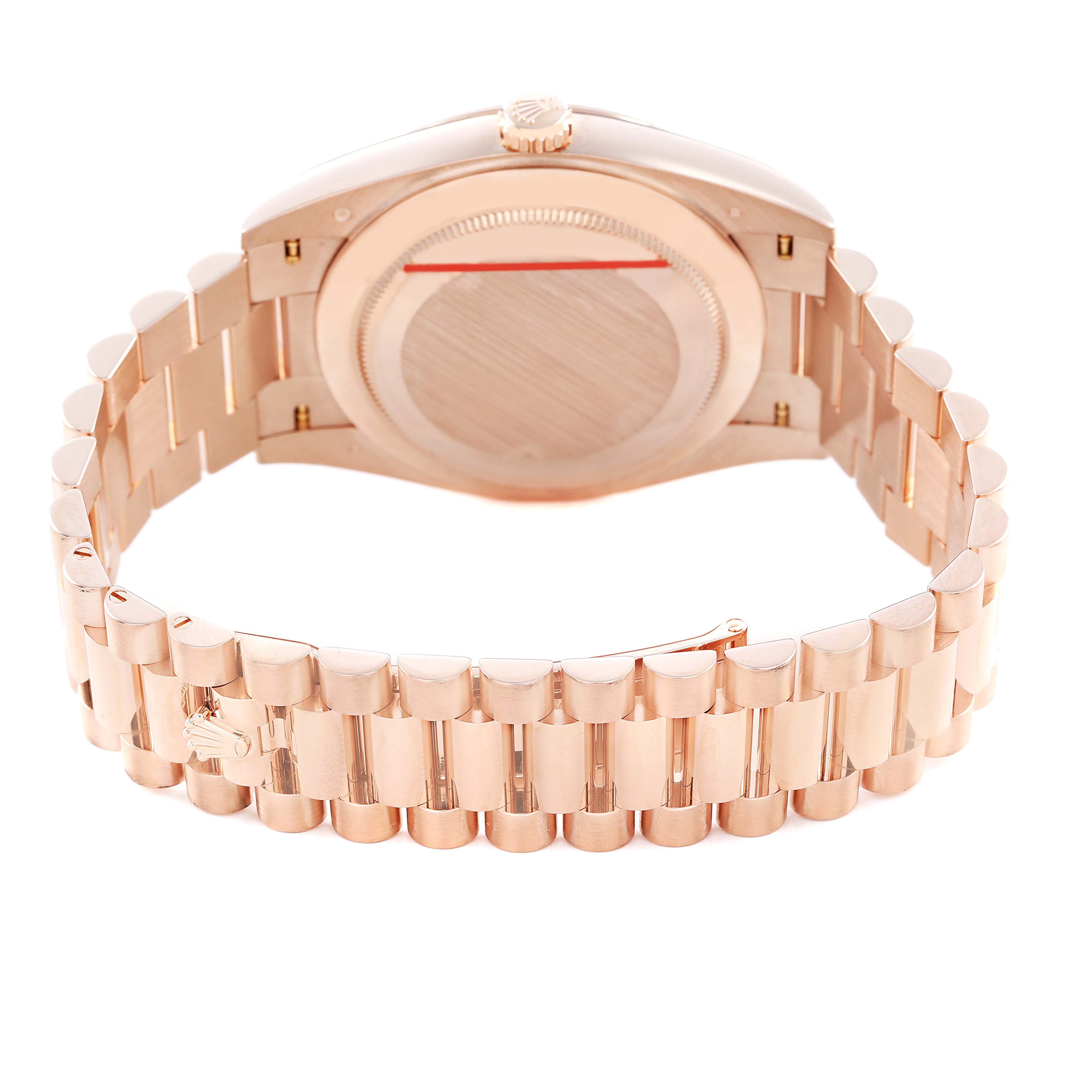 The image shows the back of the Rolex President 228235 Men's Rose Gold Mother of Pearl Dial model, highlighting the bracelet and case back.