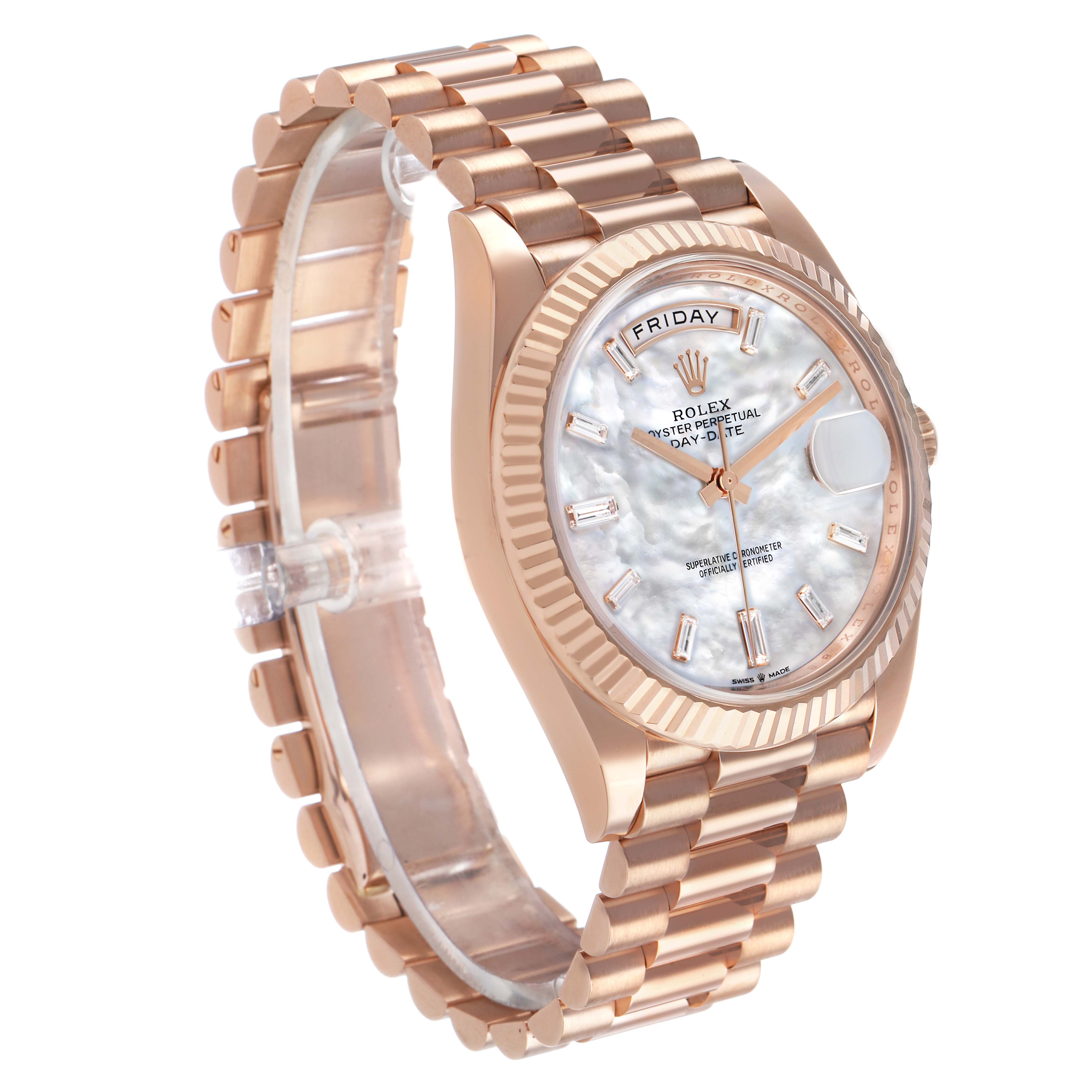 The Rolex President 228235 Men's Rose Gold Mother of Pearl Dial model watch is shown from a side angle, displaying the face, fluted bezel, and President bracelet.