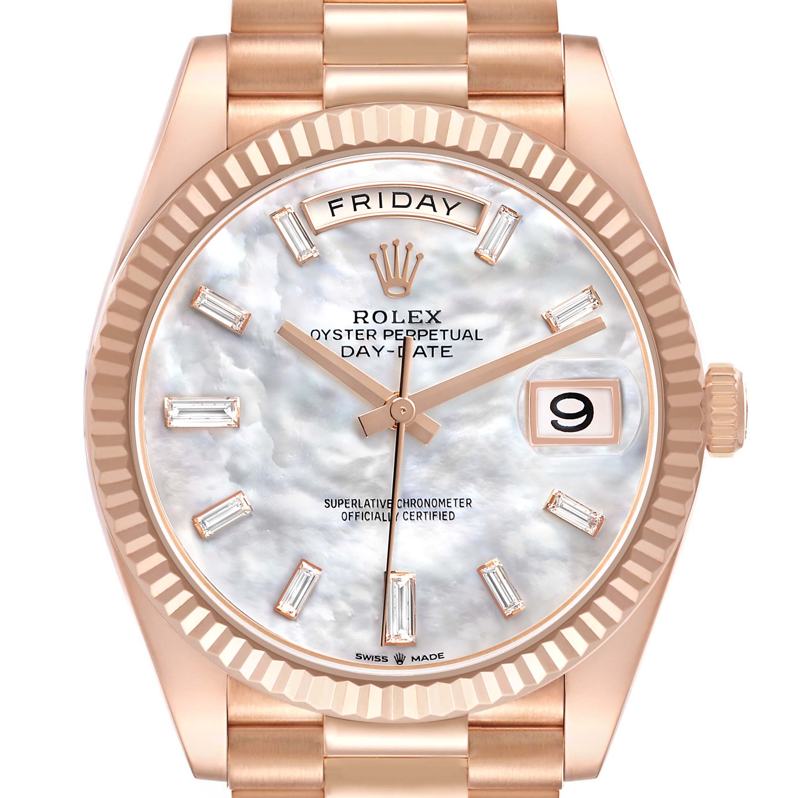The Rolex President 228235 Men's Rose Gold Mother of Pearl Dial model is shown from a front angle, highlighting the dial, crown, and part of the bracelet.