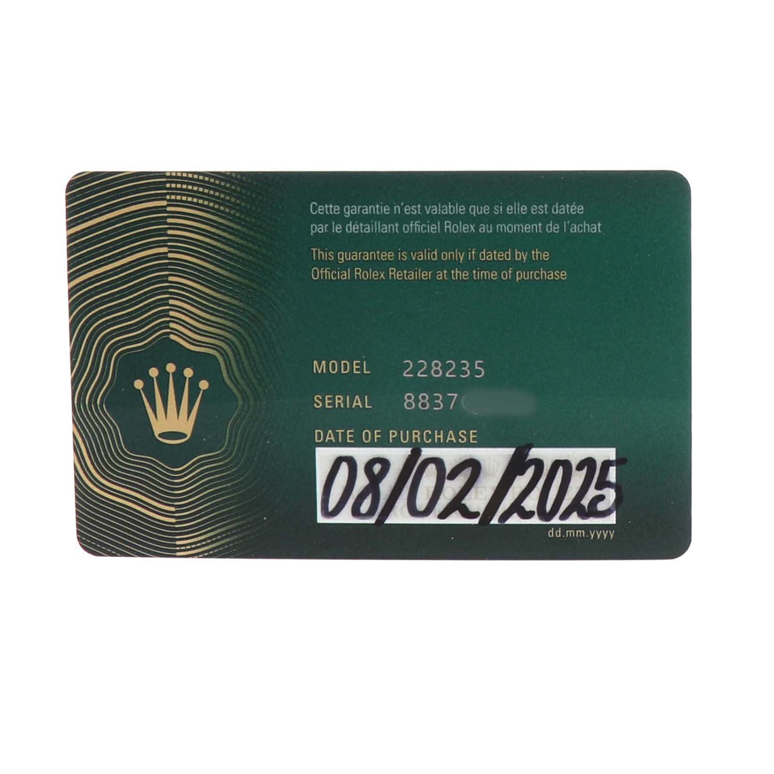 The image shows a warranty card for the Rolex President 228235 Men's Rose Gold Mother of Pearl Dial model, displaying model and serial numbers, and purchase date.