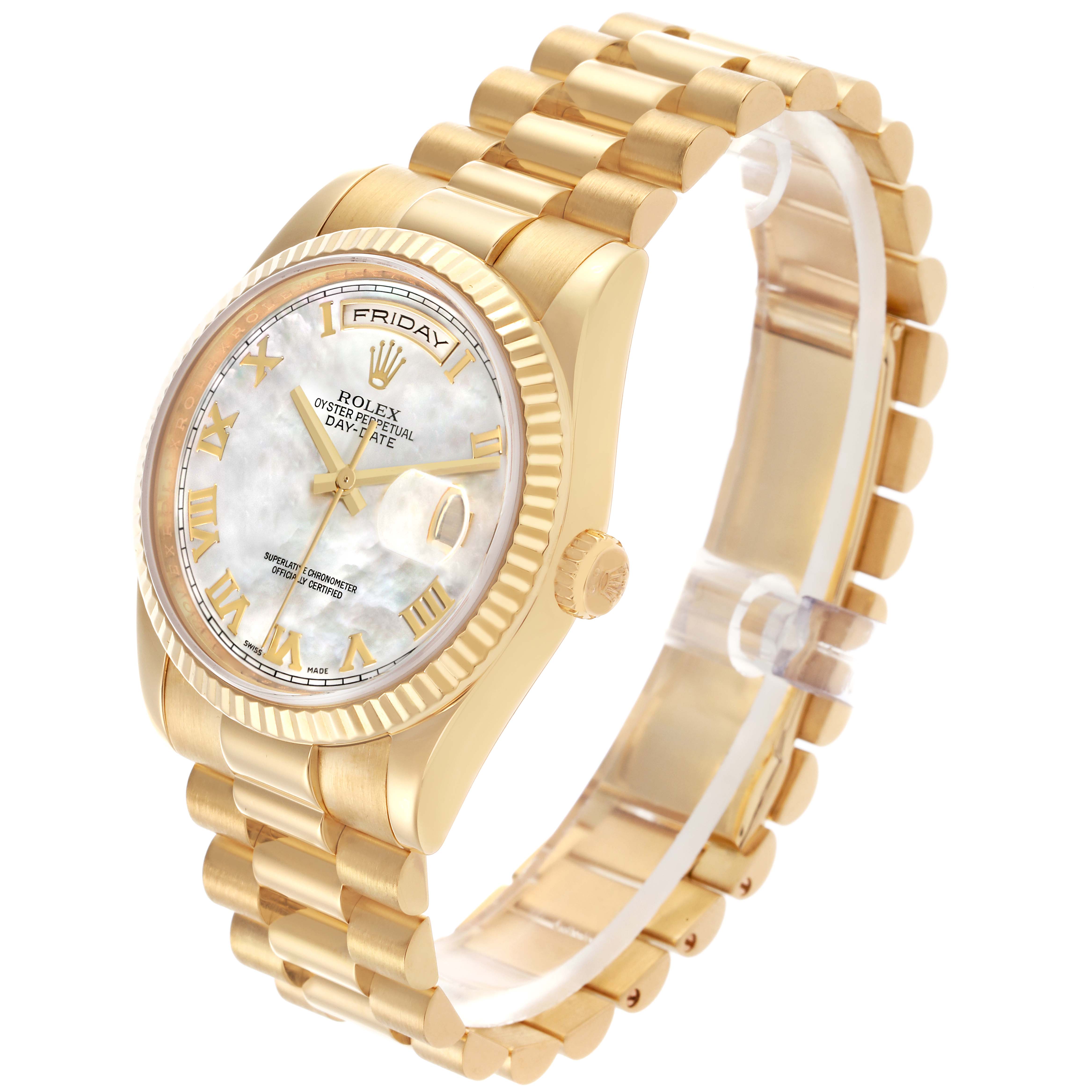 The Rolex President 118238 Men's Yellow Gold Mother of Pearl Dial 118238 Men's Yellow Gold Mother of Pearl Dial model watch is shown at an oblique angle, highlighting its face, bezel, crown, and bracelet.