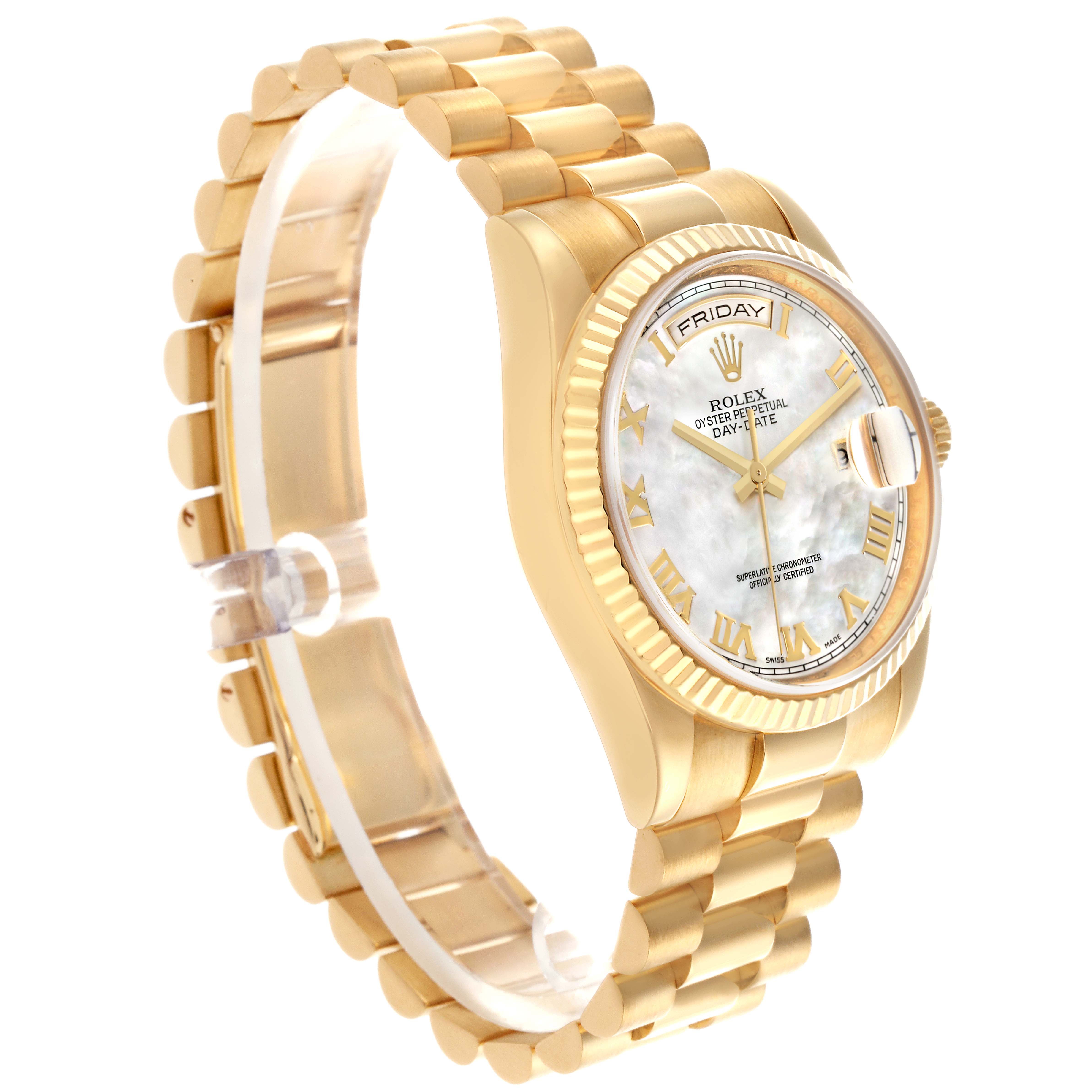 The Rolex President 118238 Men's Yellow Gold Mother of Pearl Dial 118238 Men's Yellow Gold Mother of Pearl Dial model watch is shown at an angle highlighting its gold case, fluted bezel, and bracelet with a clear view of the dial.
