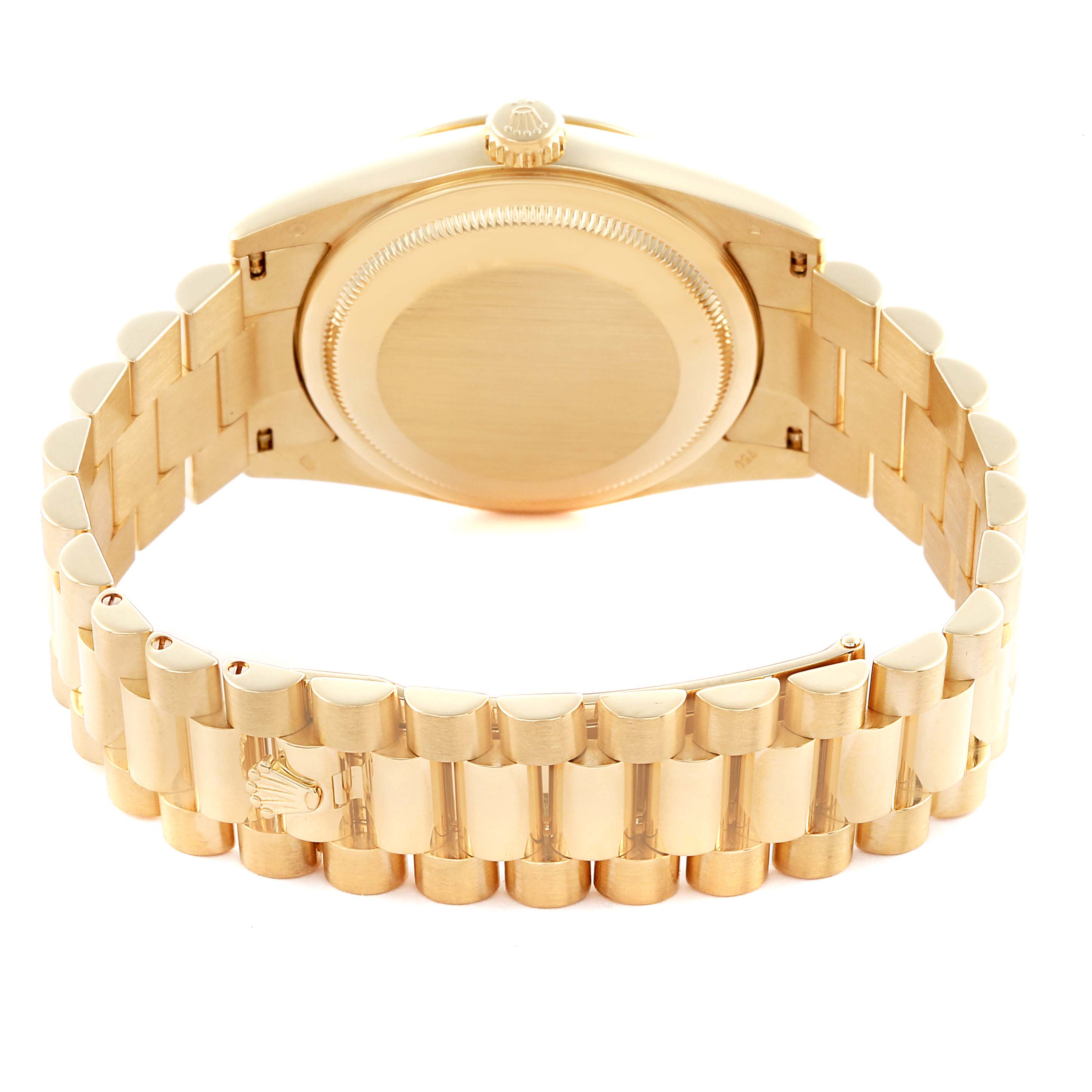 The image shows the back view of a Rolex President 118238 Men's Yellow Gold Mother of Pearl Dial 118238 Men's Yellow Gold Mother of Pearl Dial watch, focusing on its case back and gold bracelet clasp.