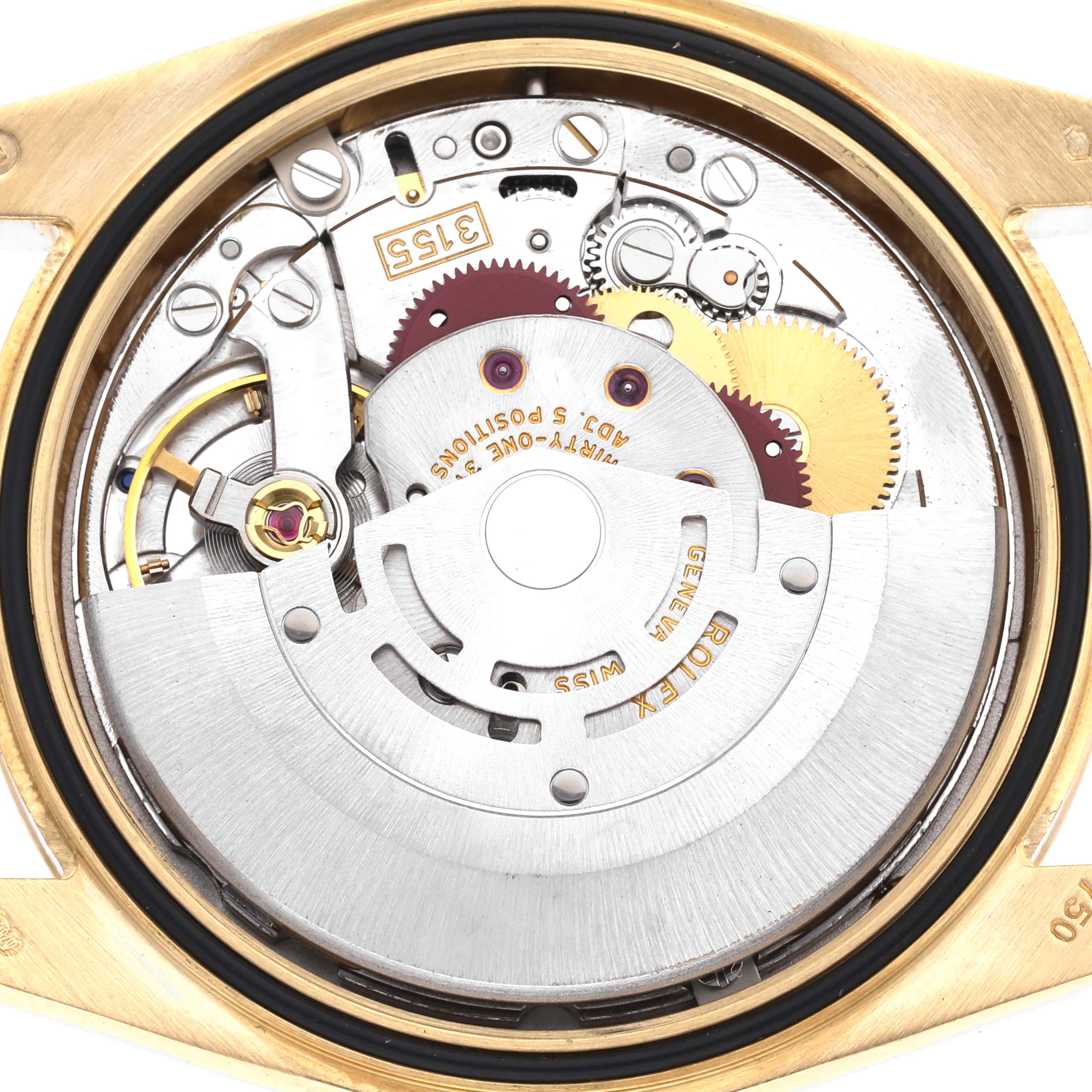 The image shows the movement of a Rolex President 118238 Men's Yellow Gold Mother of Pearl Dial 118238 Men's Yellow Gold Mother of Pearl Dial watch, viewed from the back, highlighting gears and mechanical components.