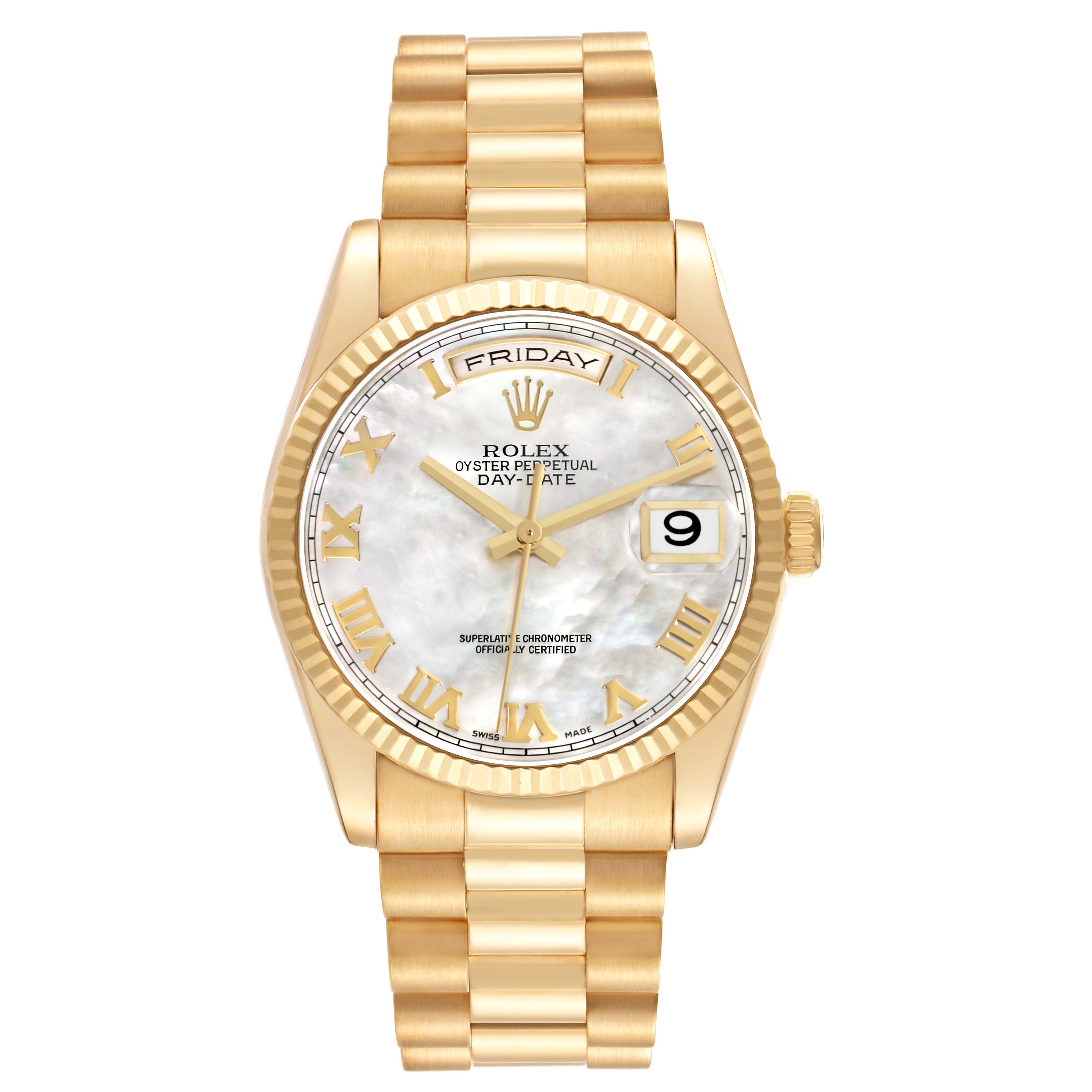 The Rolex President 118238 Men's Yellow Gold Mother of Pearl Dial 118238 Men's Yellow Gold Mother of Pearl Dial model is shown from a front angle, displaying its gold bracelet, fluted bezel, and dial with day and date functions.