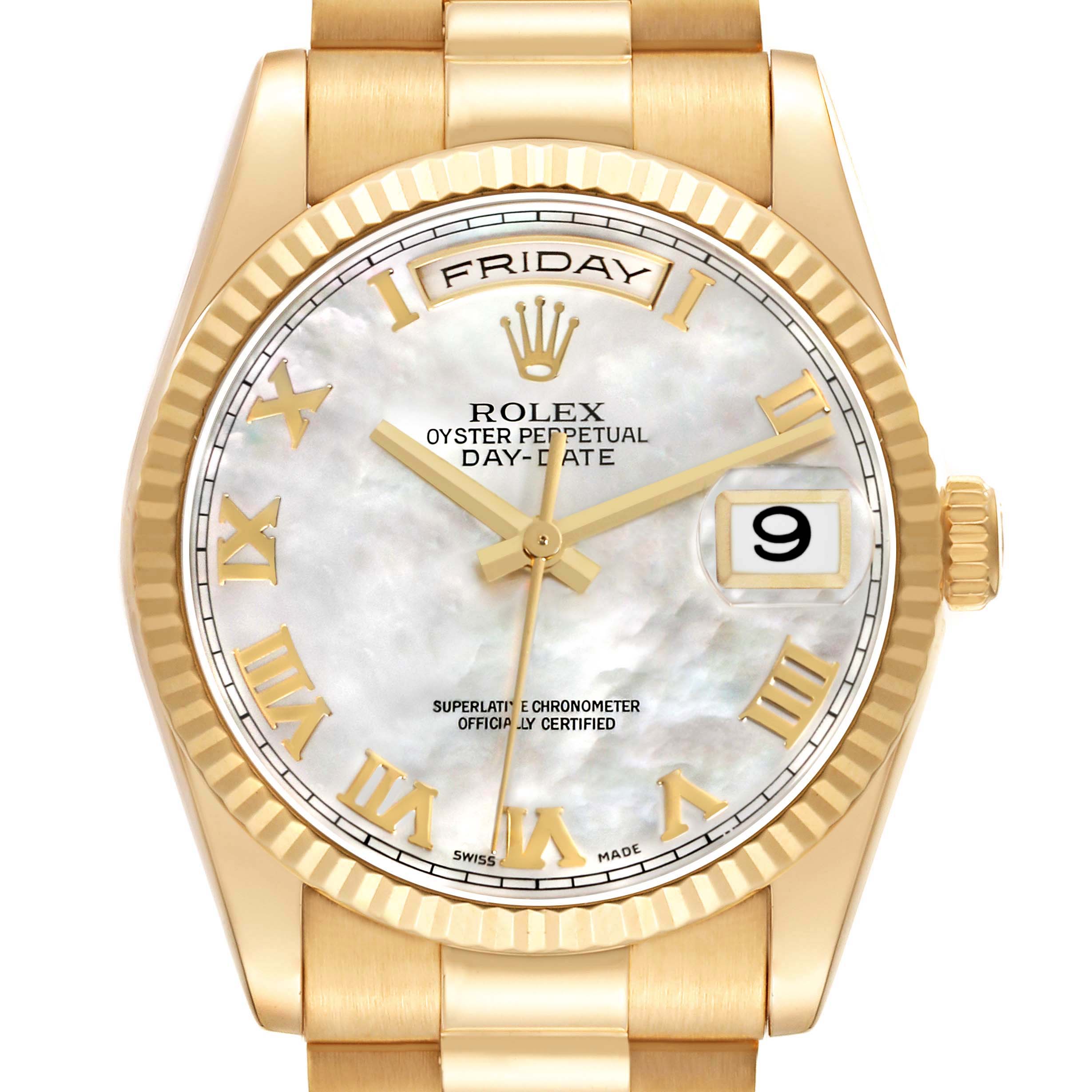 The Rolex President 118238 Men's Yellow Gold Mother of Pearl Dial 118238 Men's Yellow Gold Mother of Pearl Dial watch is shown from a front angle, highlighting its gold case, dial with Roman numerals, day-date display, and fluted bezel.