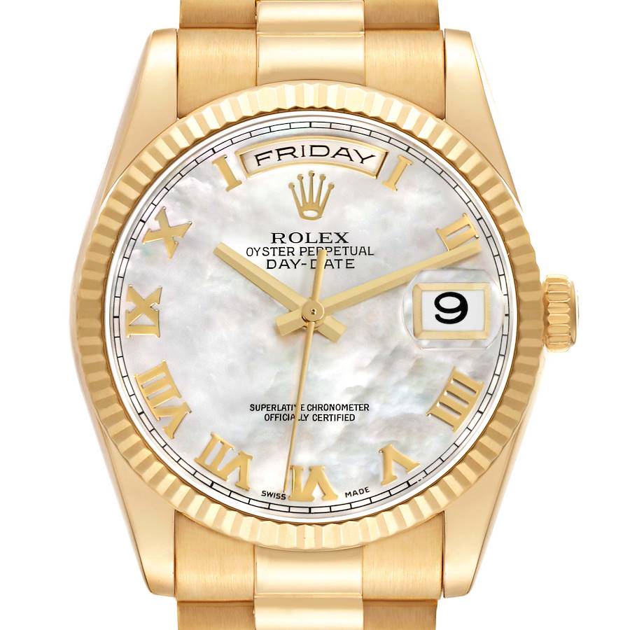 The Rolex President watch is shown from a front angle, highlighting its gold case, dial with Roman numerals, day-date display, and fluted bezel.