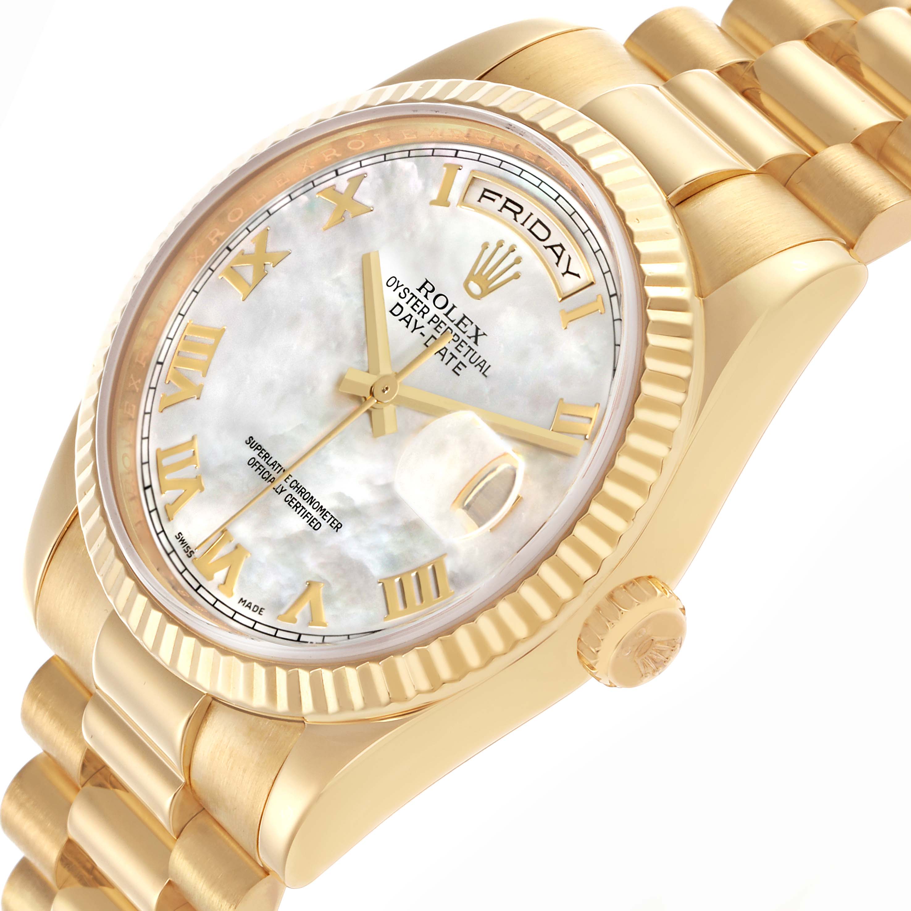 The Rolex President 118238 Men's Yellow Gold Mother of Pearl Dial 118238 Men's Yellow Gold Mother of Pearl Dial model watch is shown at a slight angle highlighting the dial, bezel, crown, and part of the bracelet.