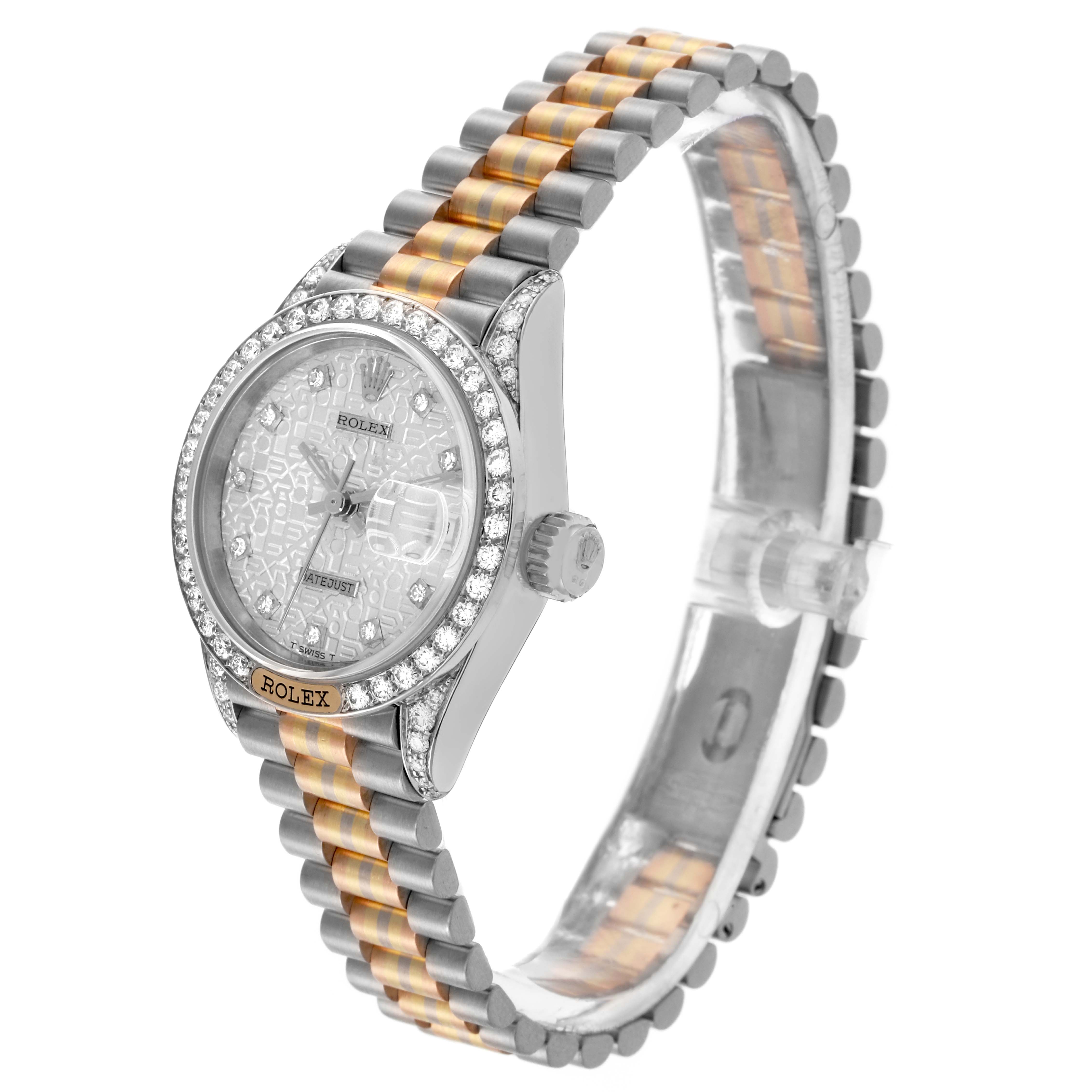 The Rolex President 69159 Women's White Gold Silver Dial 69159 Women's White Gold Silver Dial watch is shown in a side angle, highlighting its bezel, dial, and two-tone bracelet.