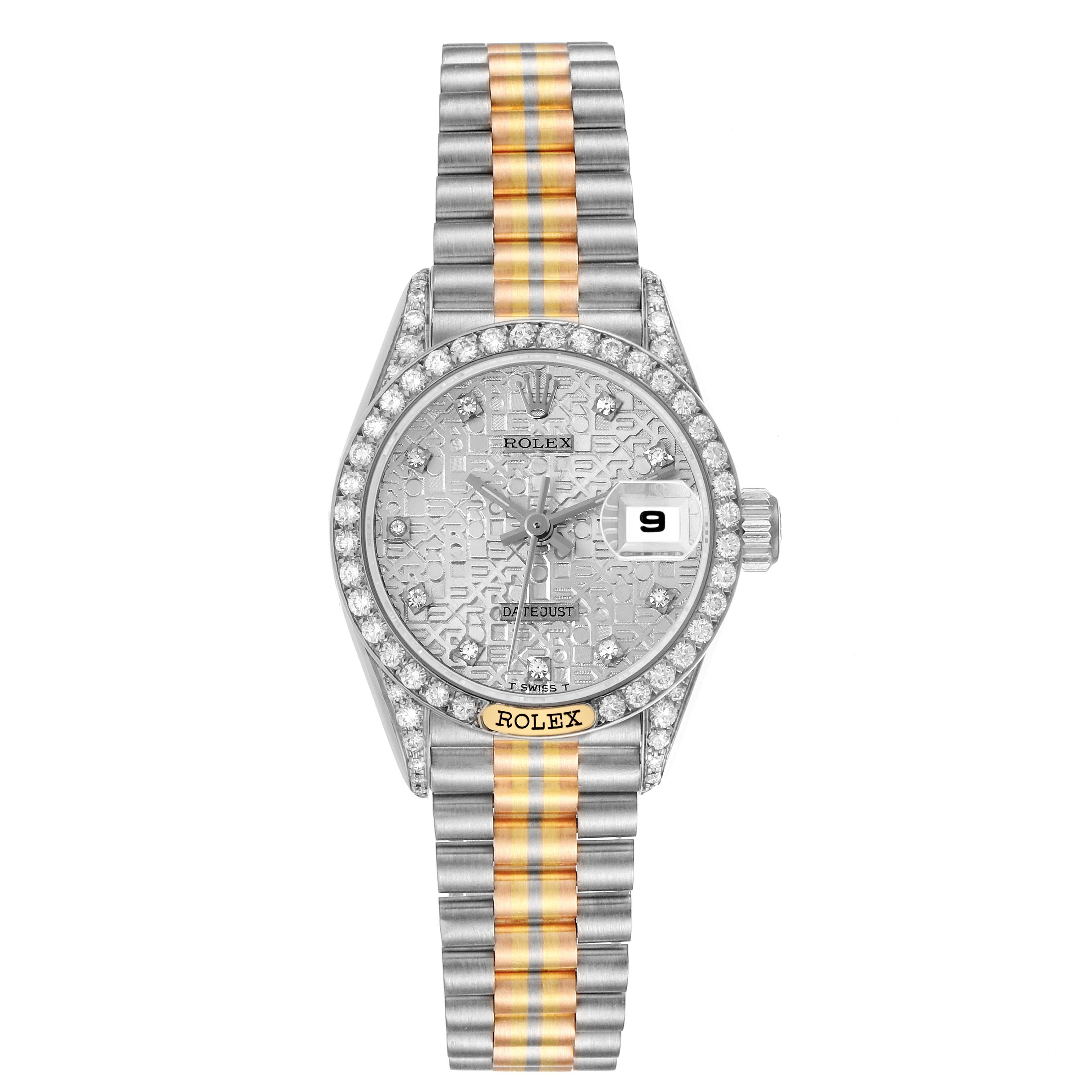 The Rolex President 69159 Women's White Gold Silver Dial 69159 Women's White Gold Silver Dial model watch is shown from a top-down angle, highlighting the dial, bezel, and bracelet.
