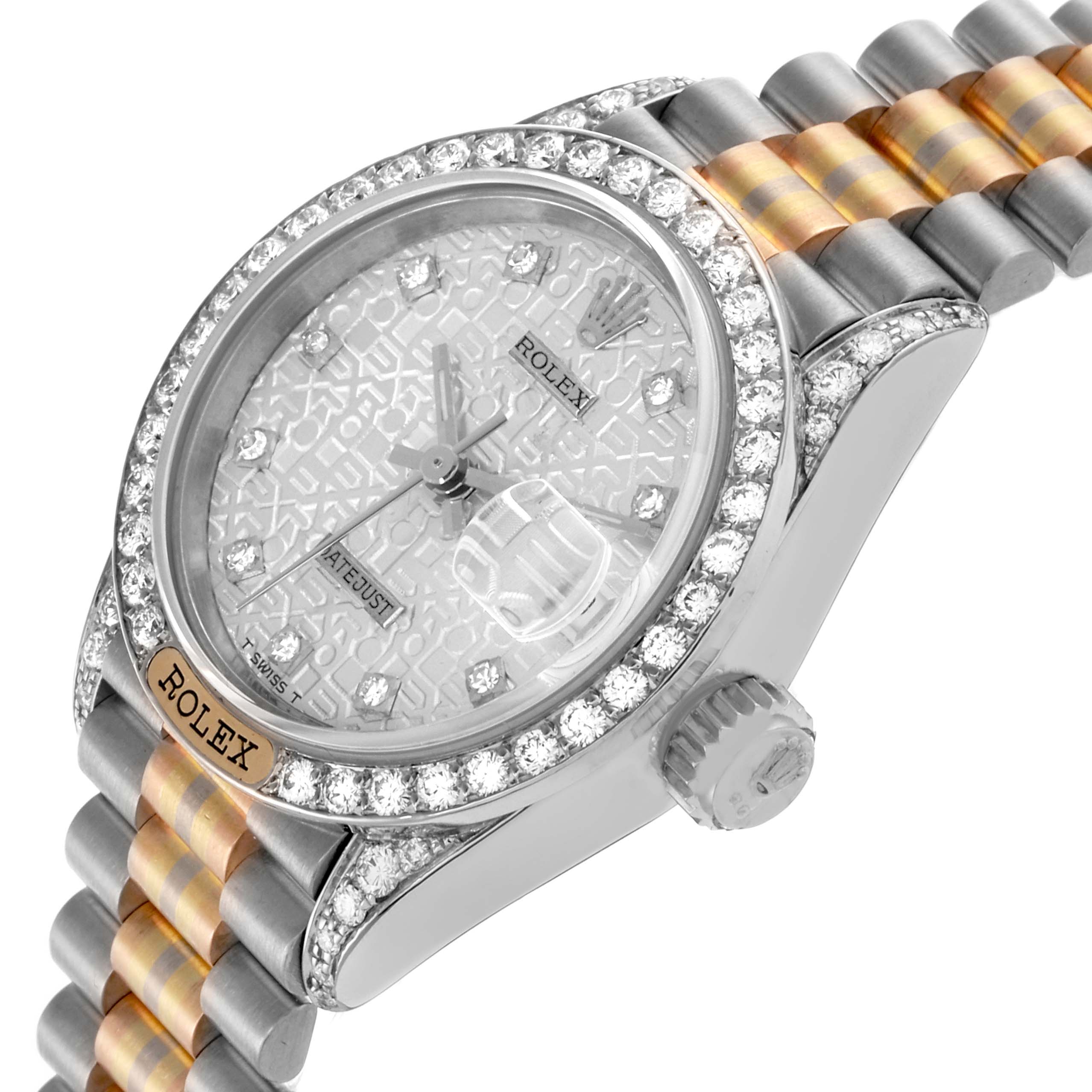 The Rolex President 69159 Women's White Gold Silver Dial 69159 Women's White Gold Silver Dial model is shown at an angle highlighting the diamond bezel, patterned dial, and two-tone bracelet.