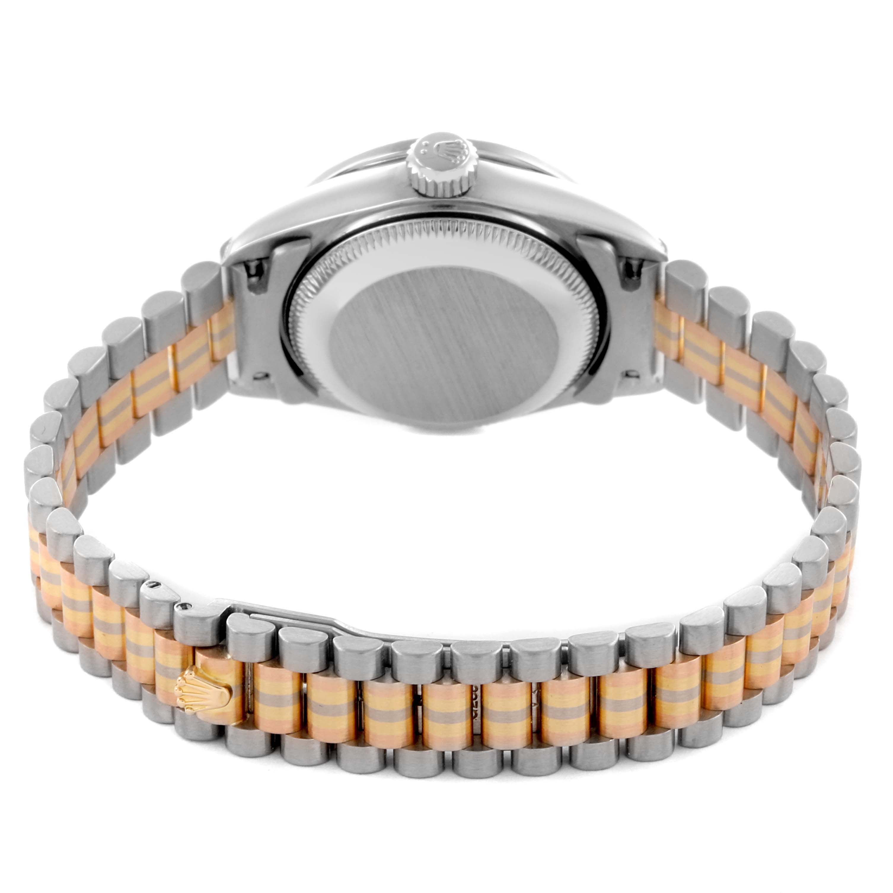 The image shows the back and bracelet of a Rolex President 69159 Women's White Gold Silver Dial 69159 Women's White Gold Silver Dial model watch, highlighting the clasp and metal links.