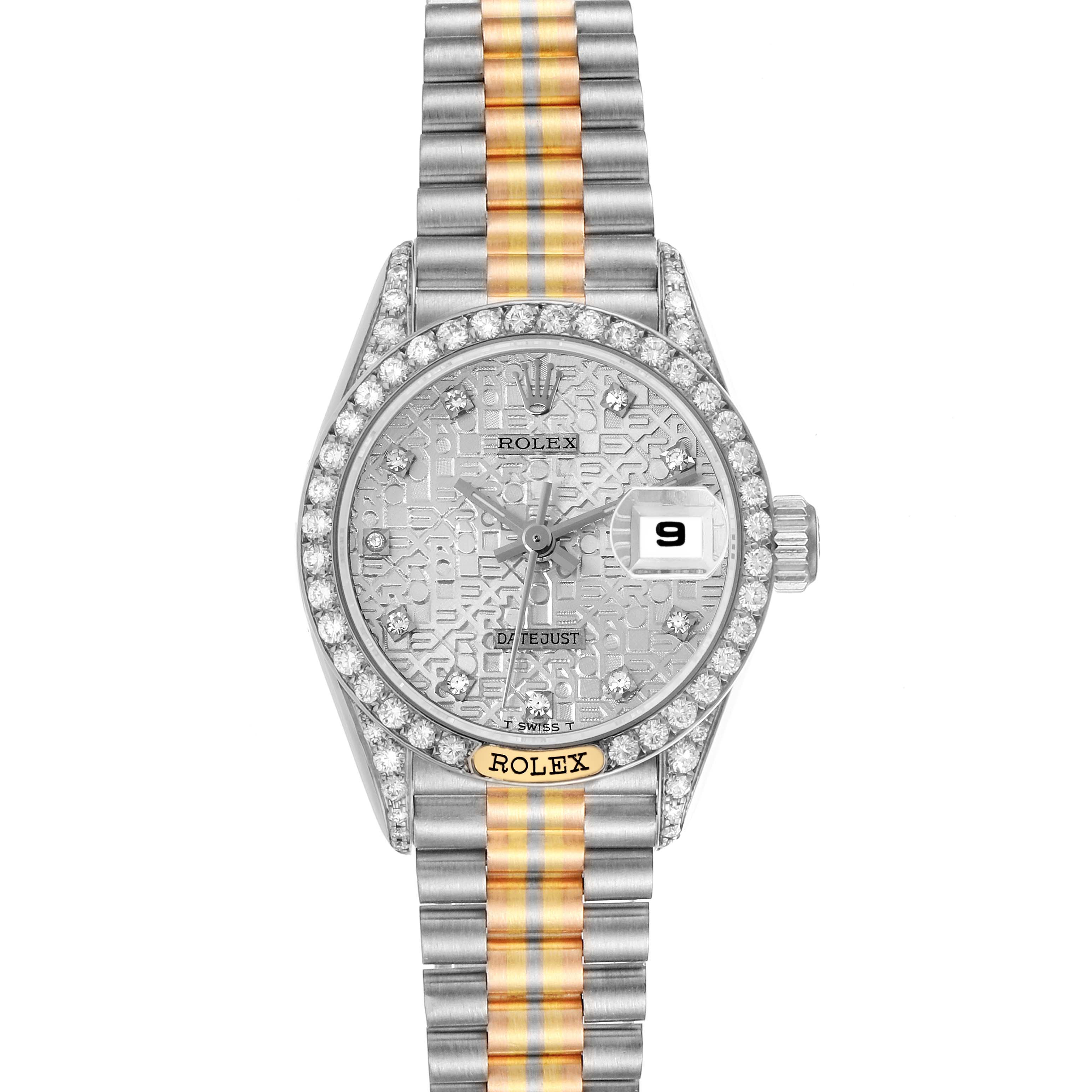 The Rolex President 69159 Women's White Gold Silver Dial 69159 Women's White Gold Silver Dial model watch is shown from a top-down angle, highlighting its face, diamond bezel, and two-tone bracelet.