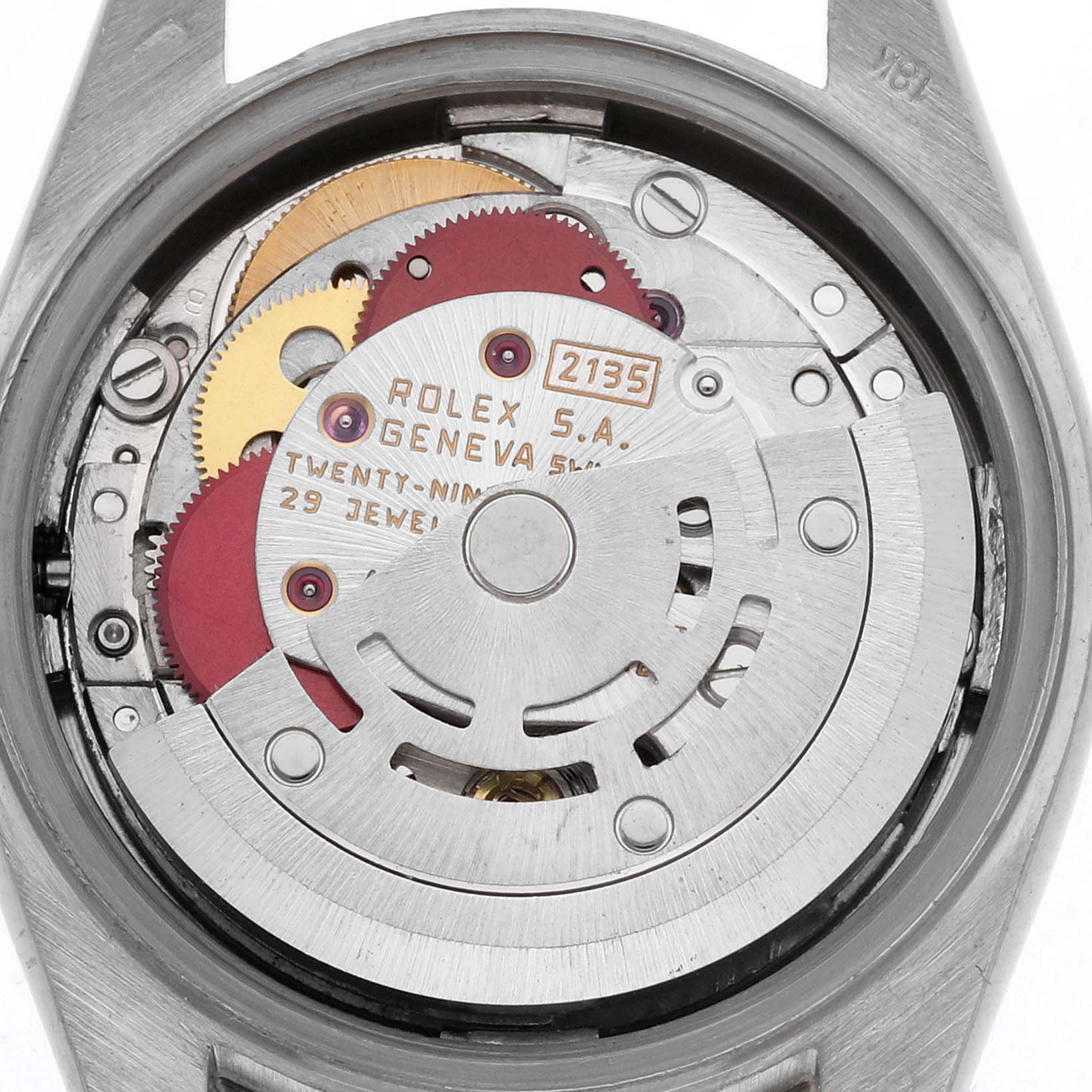 The image shows the inner mechanical movement of a Rolex President 69159 Women's White Gold Silver Dial 69159 Women's White Gold Silver Dial model from a top-down angle, highlighting gears and inscriptions.