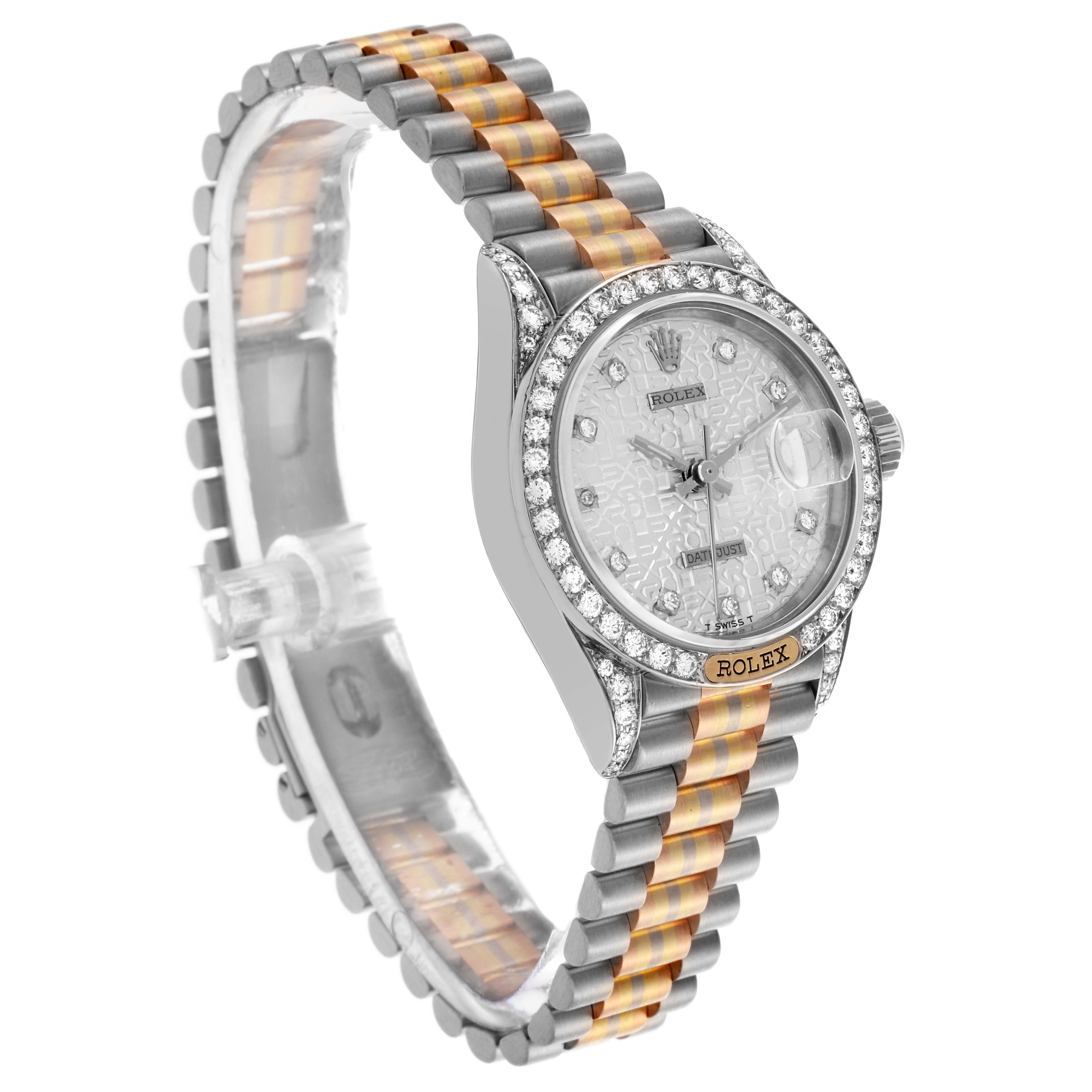 The Rolex President 69159 Women's White Gold Silver Dial 69159 Women's White Gold Silver Dial watch is shown at an angled view, highlighting its diamond bezel, patterned dial, and two-tone bracelet.