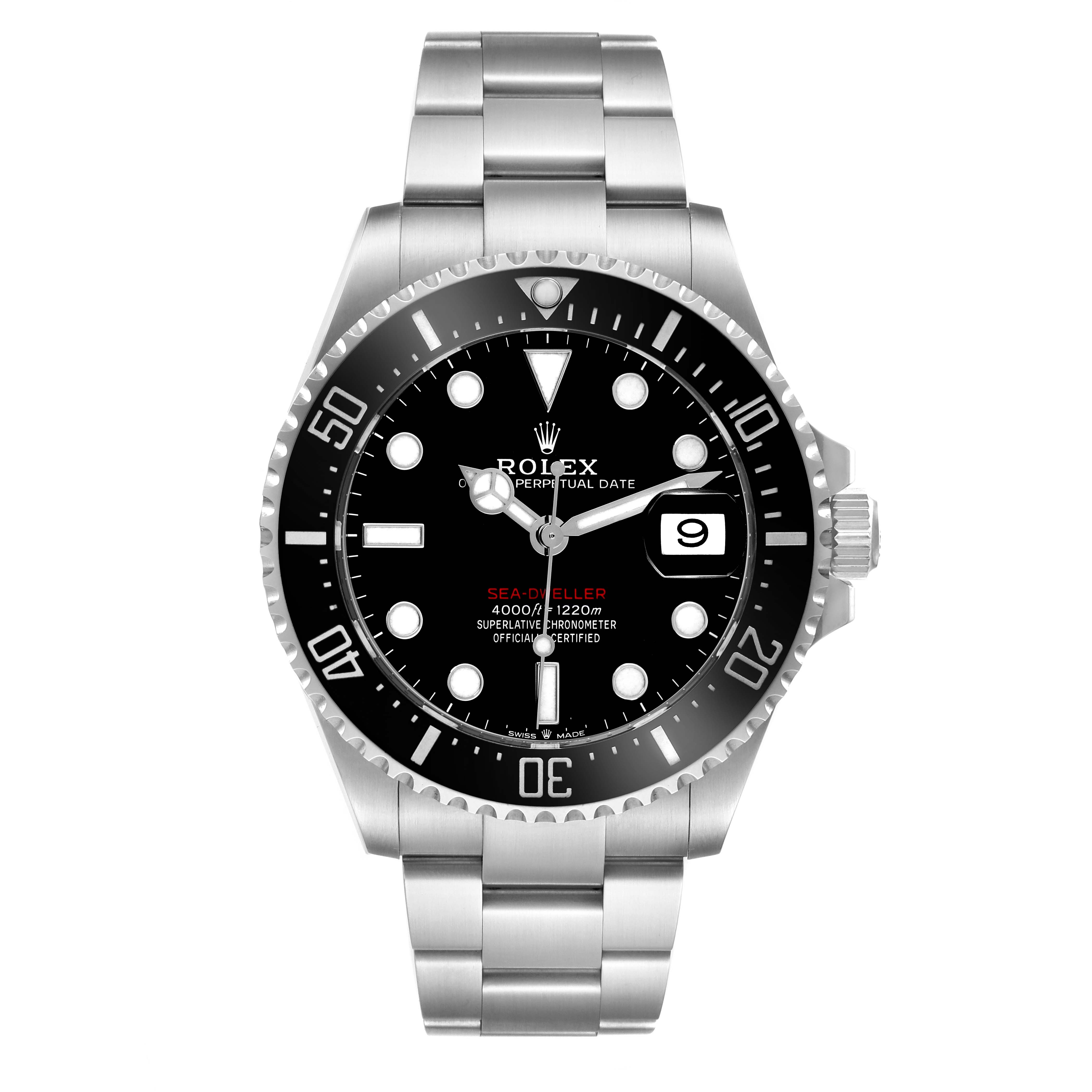 The Rolex Sea-Dweller 126600 Men's Stainless Steel Black Dial 126600 Men's Stainless Steel Black Dial watch is shown from the front, displaying the dial, bezel, bracelet, and crown.