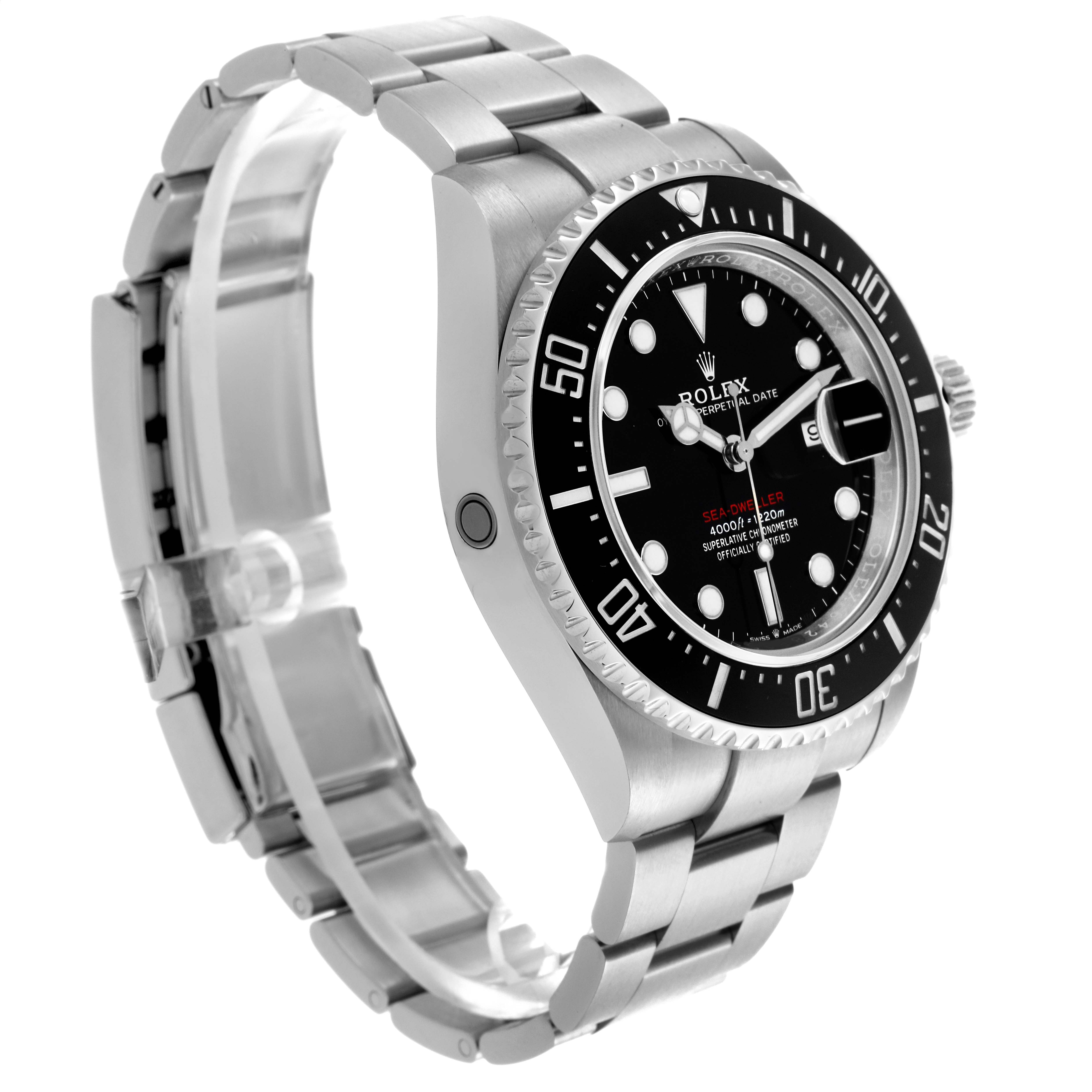 The Rolex Sea-Dweller 126600 Men's Stainless Steel Black Dial 126600 Men's Stainless Steel Black Dial watch is shown at a side angle highlighting the bracelet, dial, case, bezel, and crown.